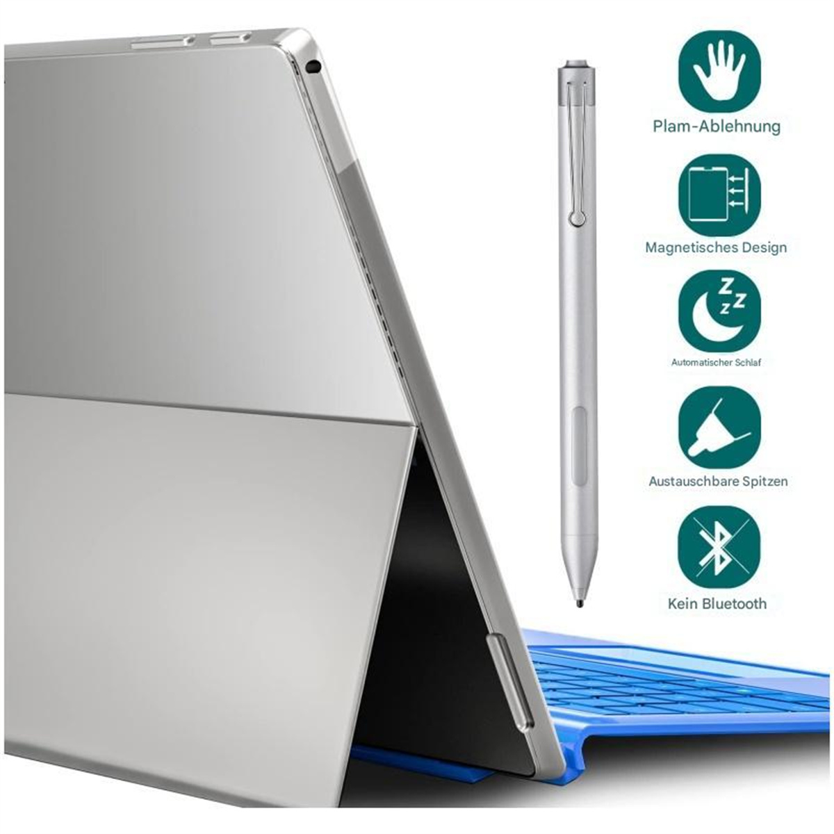 Silbernes Tablet mit blauer Tastatur, Stift und Icons, die Funktionen beschreiben.
