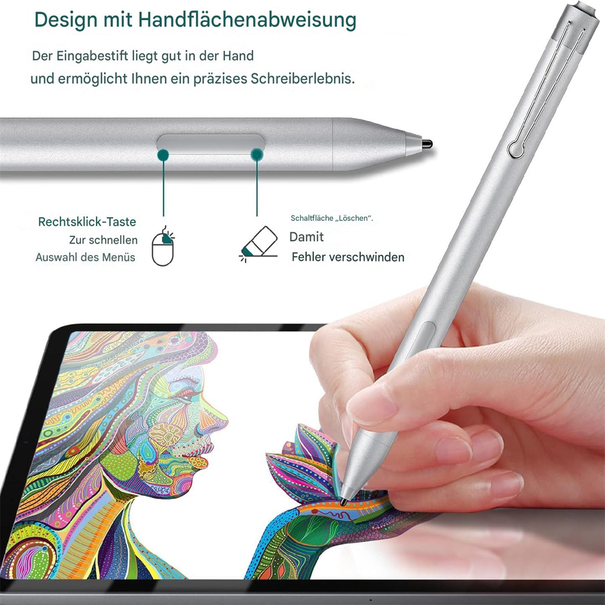 Ein silberner Stift über einem Tablet. Das Tablet zeigt eine bunte Zeichnung.