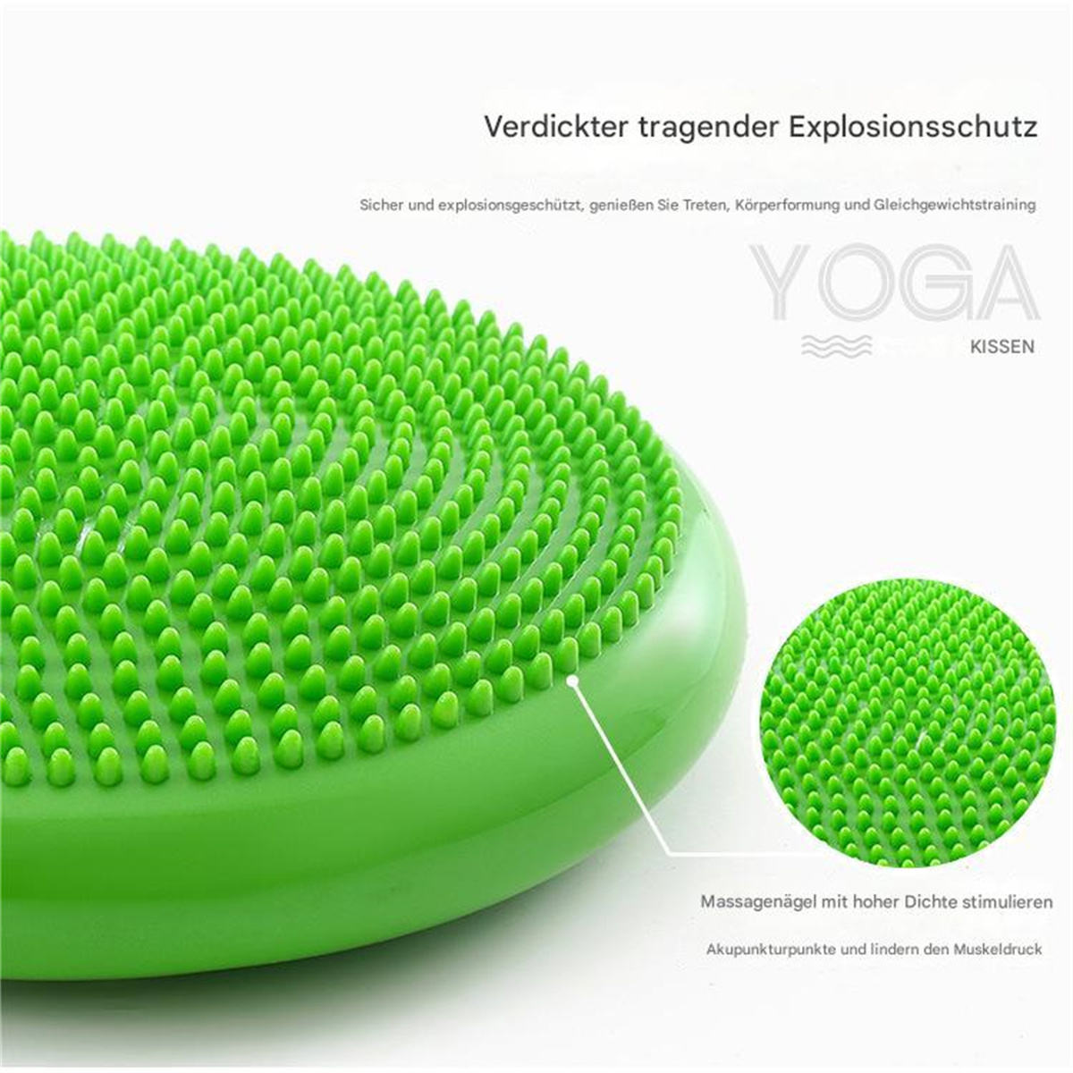 Grünes Yoga-Kissen mit strukturierter Oberfläche. Das Bild zeigt die Eigenschaften des Kissens.