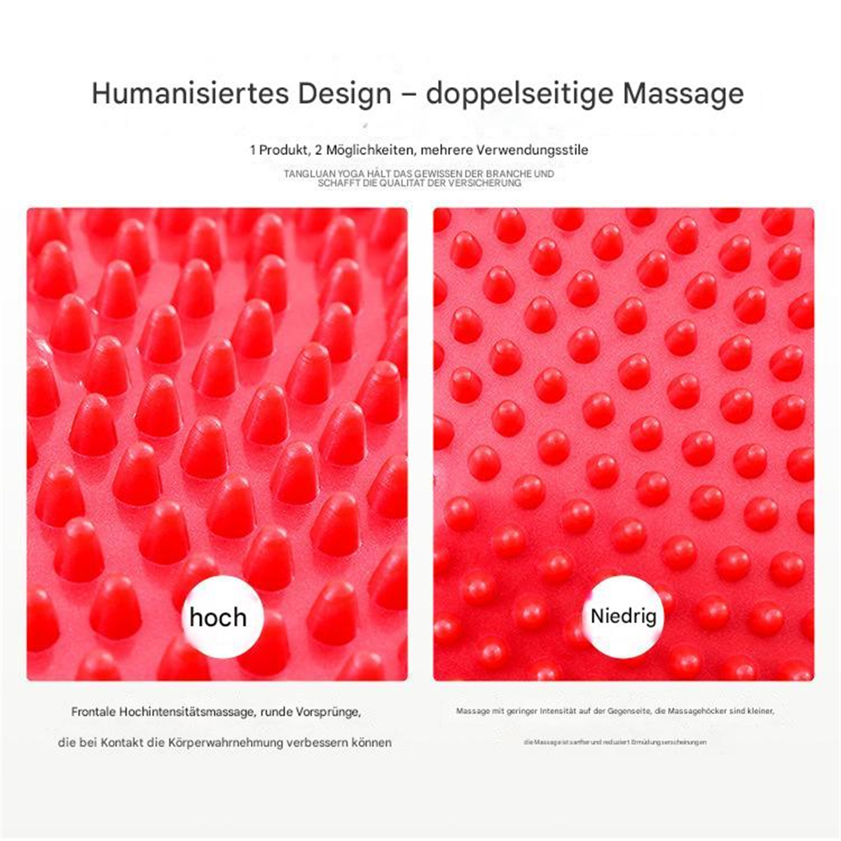 Zwei rote Massagepads mit abgerundeten Noppen, eines mit der Aufschrift 'Hoch' und das andere mit 'Niedrig'.