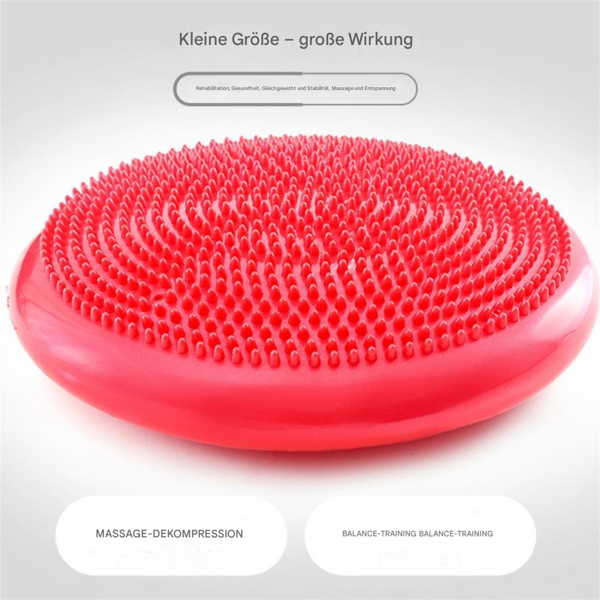 Rotes Balancekissen mit vielen kleinen Noppen. Text unten.