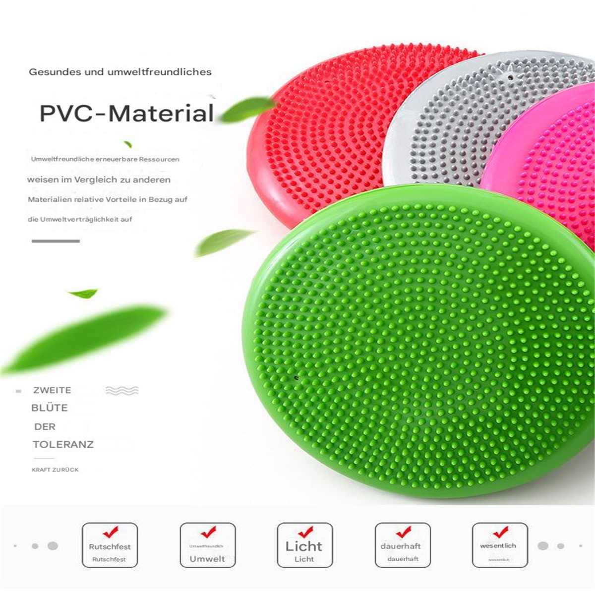 Vier farbige Balance-Discs. Grün, rot, grau und rosa. PVC-Material steht oben.