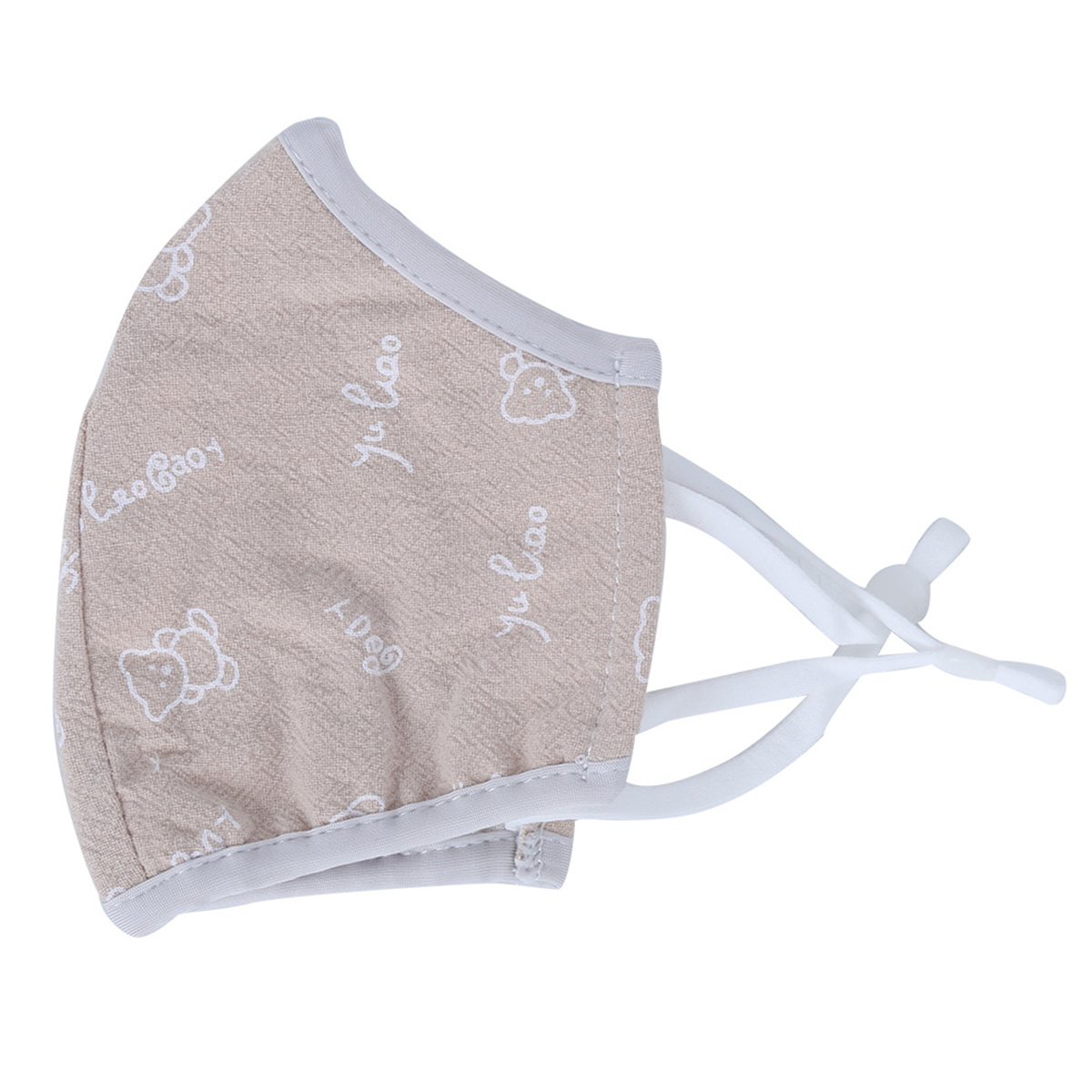 Beige Gesichtsmaske mit weißem Text und Bärchenzeichnungen. Weiße Träger und Rand.