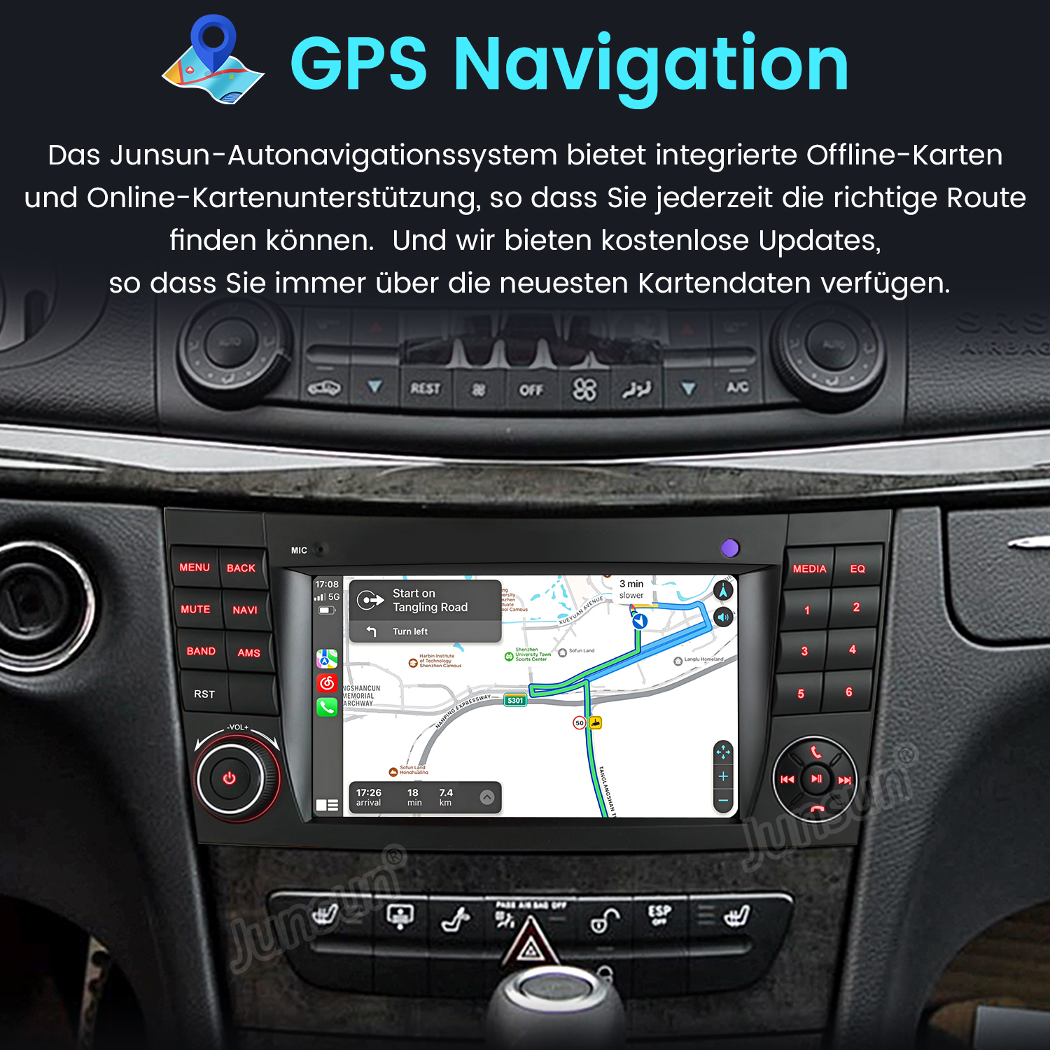 Deska rozdzielcza z ekranem nawigacji GPS, pokazująca mapę i szczegóły nawigacji.