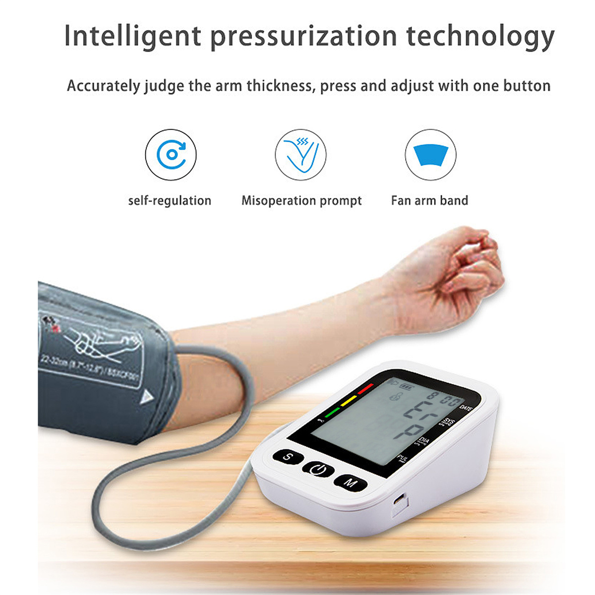 Digitales Blutdruckmessgerät mit Armmanschette, mit Symbolen für Selbstregulierung und mehr.
