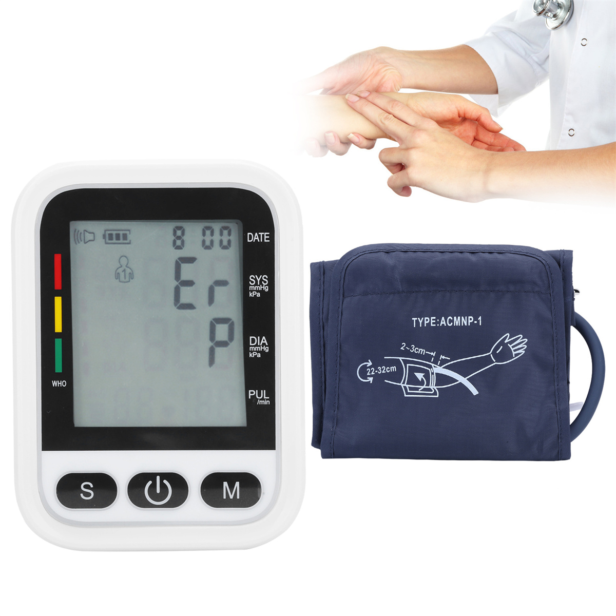 Digitales Blutdruckmessgerät mit Manschette und einer Hand des Arztes am Arm des Patienten, Puls prüfen.