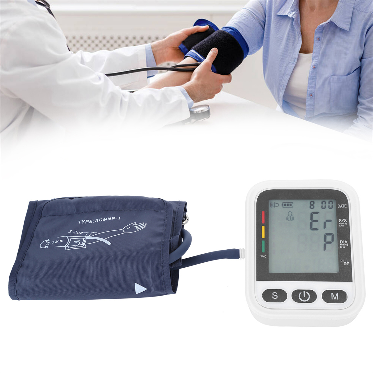 Ein Arzt misst den Blutdruck eines Patienten mit einer Manschette und einem Digitaldisplay.