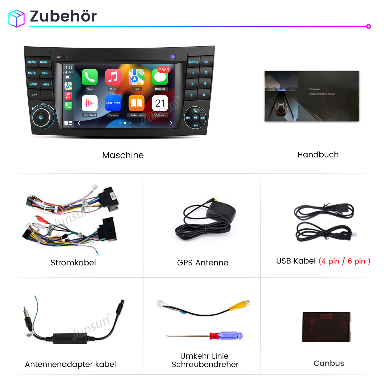 Sortiment an Car-Multimedia-Zubehör: Bildschirm, Kabel, Werkzeuge und ein Canbus.