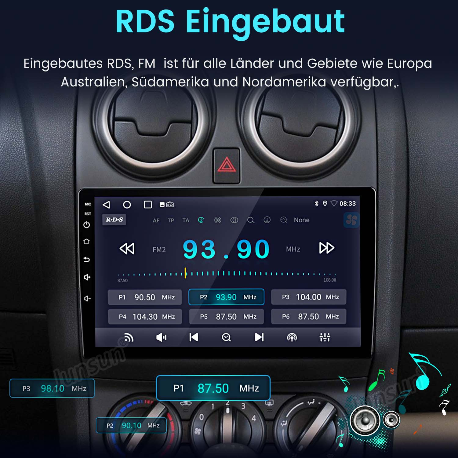 Auto-Bildschirm mit Radioinformationen und Frequenzen. Zeigt RDS, FM und ein Ziffernblatt.