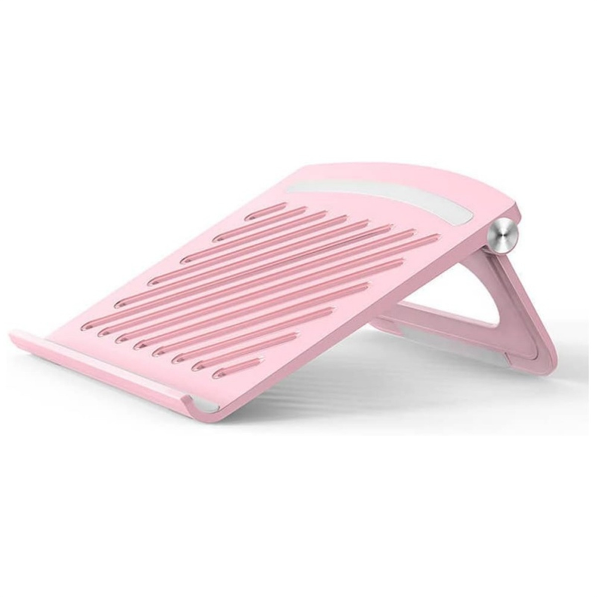 Ein pinkfarbener Laptop-Ständer mit Lamellen und einem Metallscharnier.