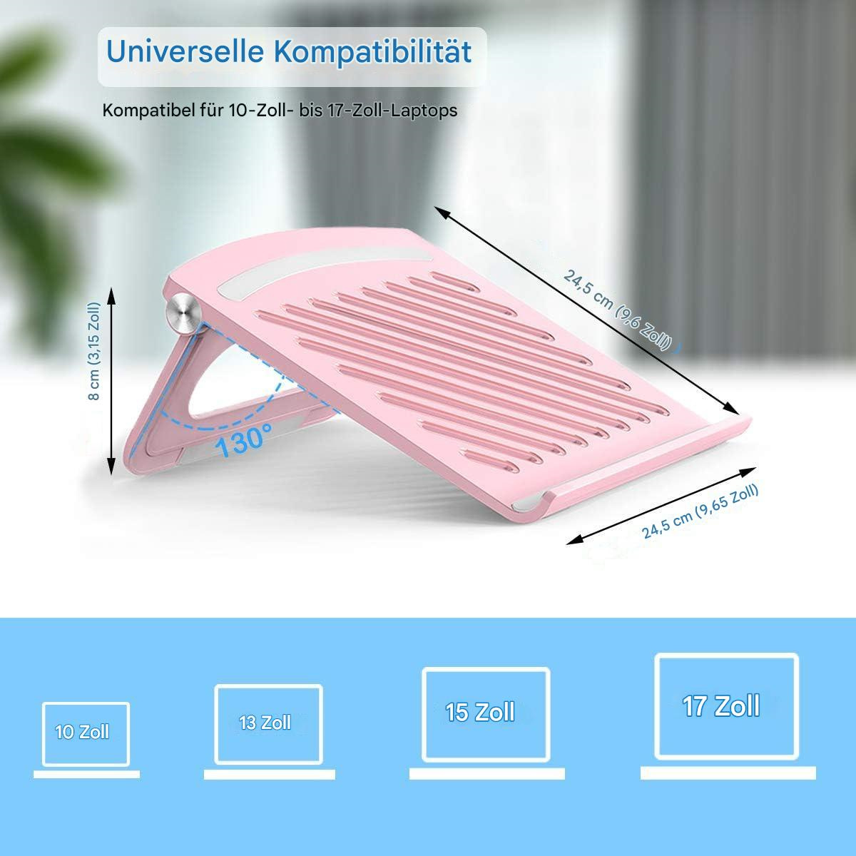 Rosa Laptopständer. Er ist verstellbar und kompatibel mit 10-17 Zoll Laptops. Maße sind angegeben.
