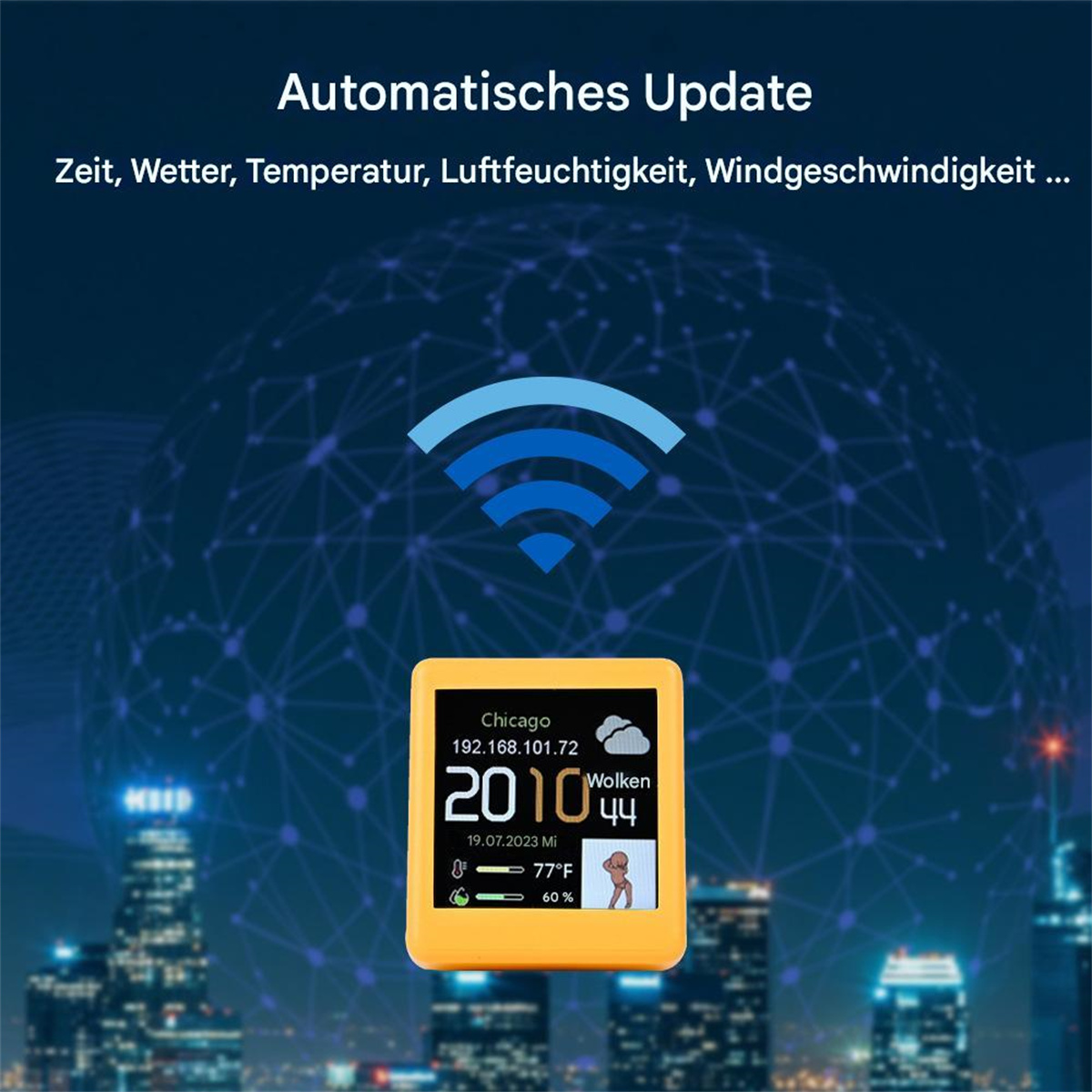 Eine intelligente Wetterstation, die Zeit, Wetter und Temperatur anzeigt, mit Stadtlandschaft im Hintergrund.
