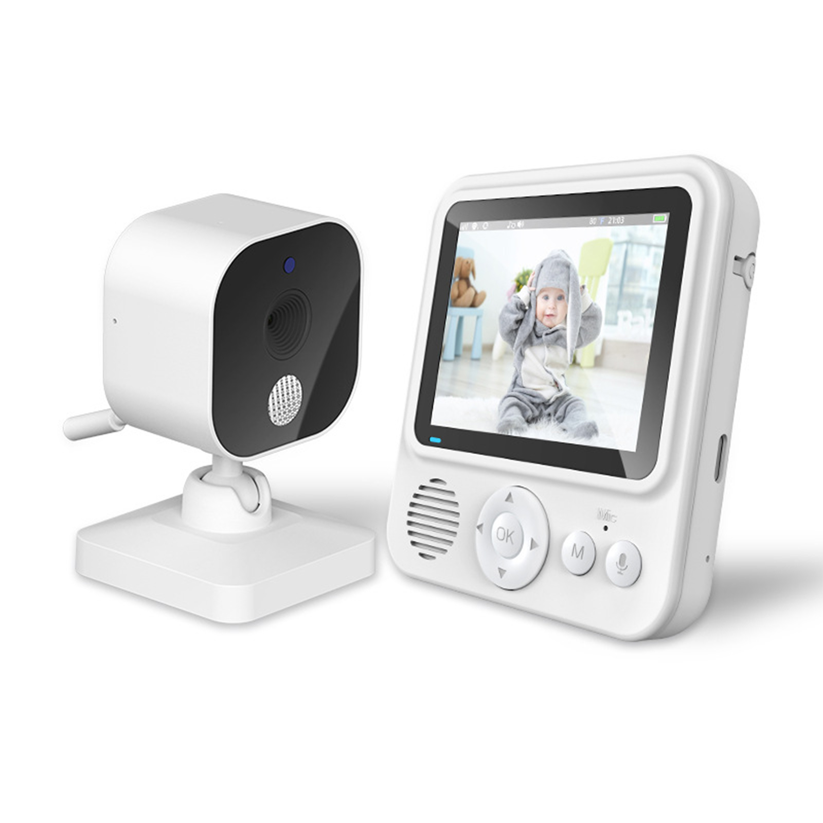 Babyphone mit Kamera und Bildschirm, zeigt ein Baby im Hasenkostüm.