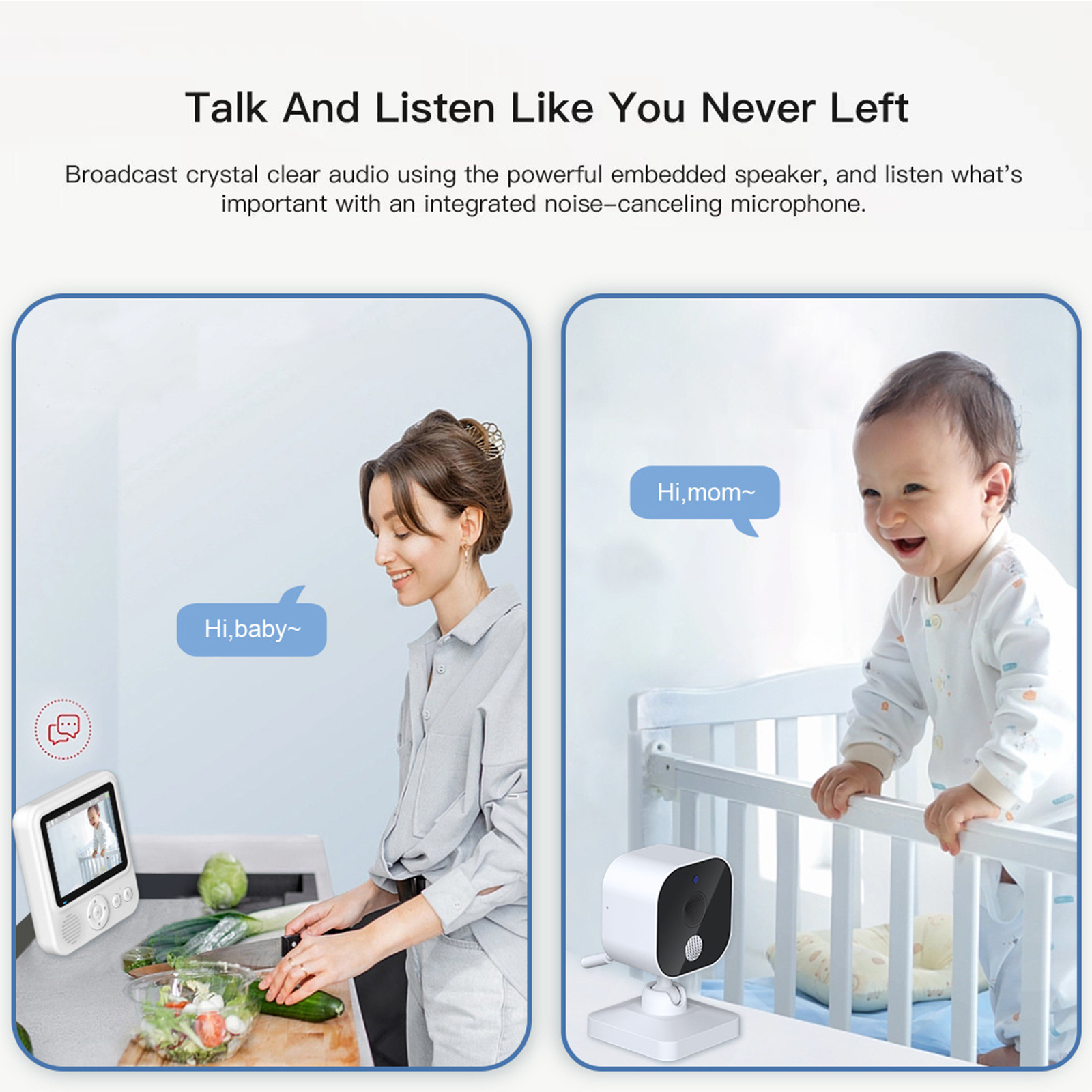 Ein Babyphone, das eine Frau in der Küche und ein Baby in einem Kinderbett zeigt, mit Textüberlagerungen.