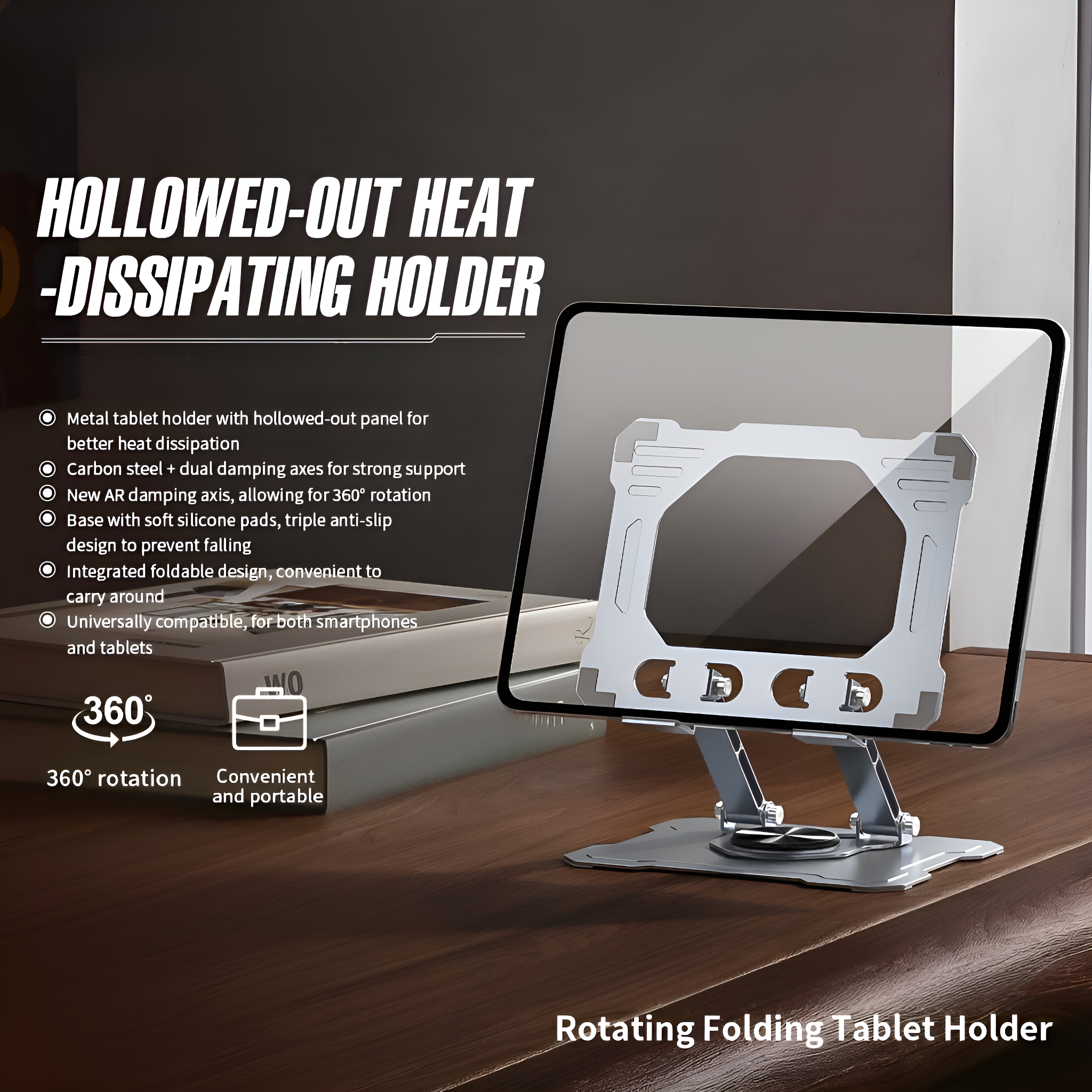 Tablethalterung auf einer Holzoberfläche. Silberne Metallbasis und ein Tablet.