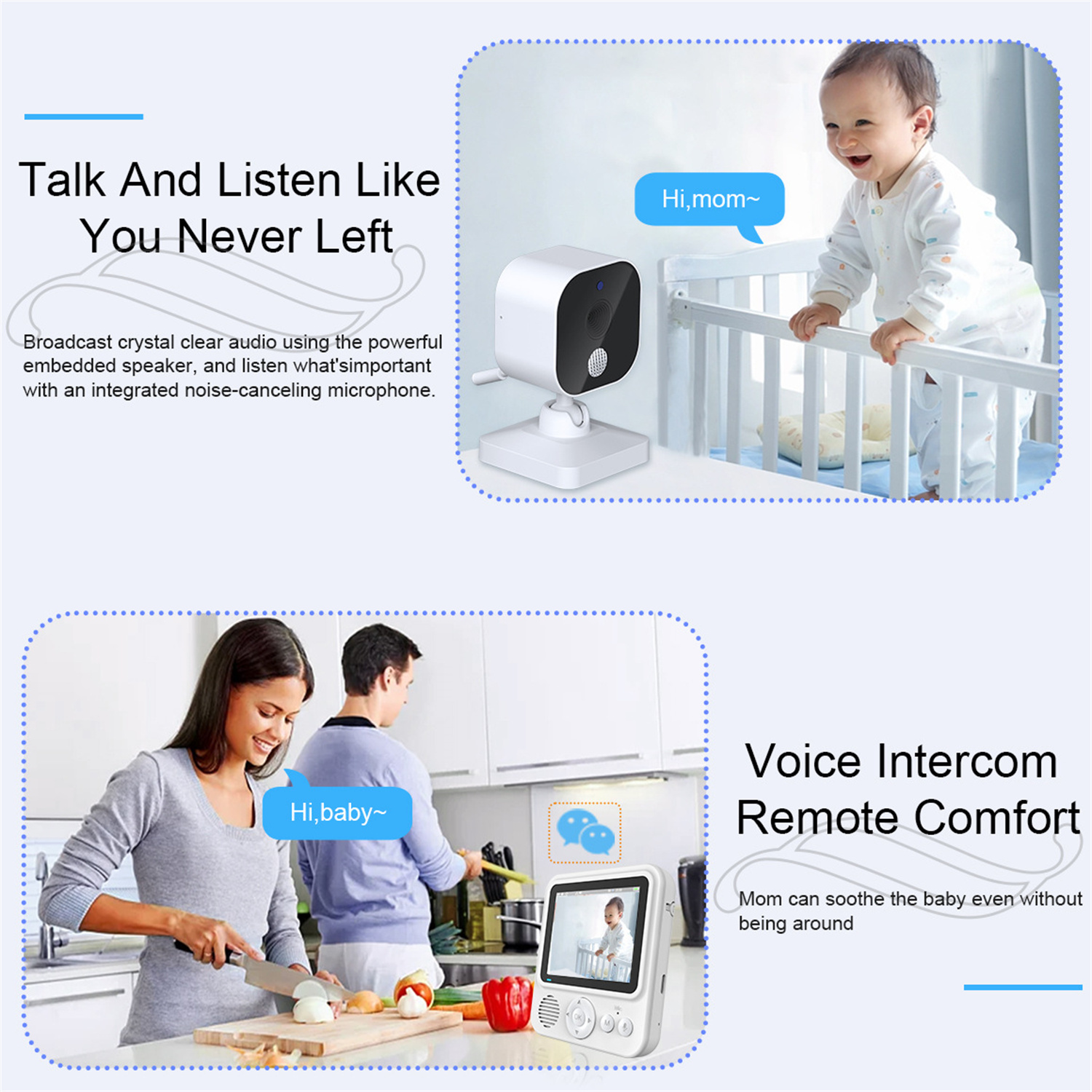 Eine Werbung zeigt einen Baby-Monitor. Ein Baby liegt in einem Kinderbett. Menschen sind in einer Küche.