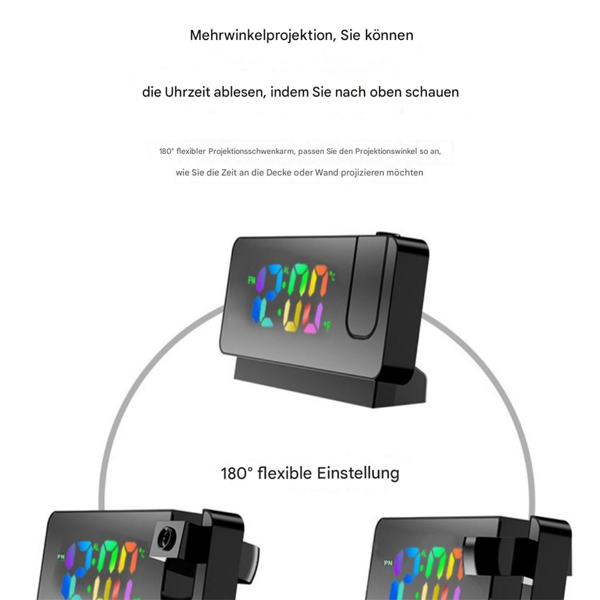Eine Digitaluhr, die die Uhrzeit anzeigt, mit Projektionsfunktion. Flexible Einstellungen und Winkel.