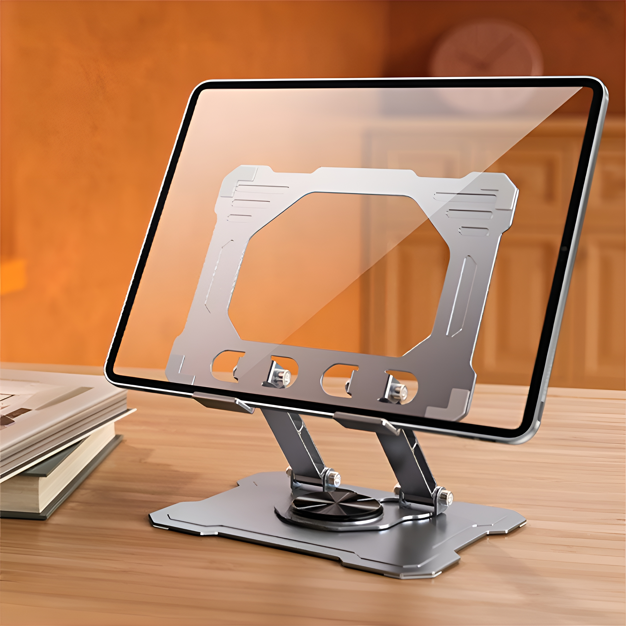 Silberner Tablet-Ständer mit verstellbarer, abgewinkelter Oberfläche auf einem Holzschreibtisch.