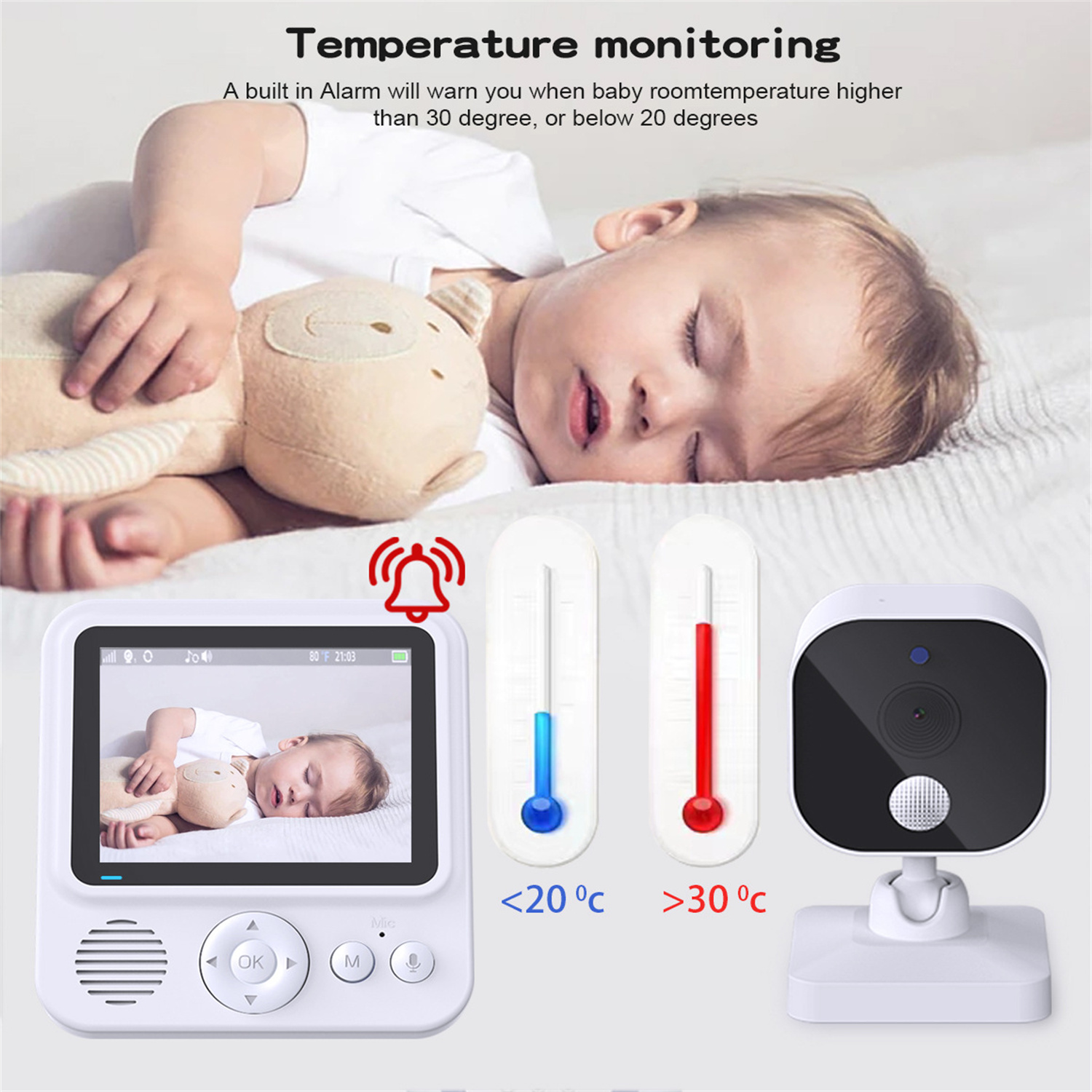 Babyphone mit schlafendem Baby auf dem Bildschirm, Thermometern und Kamera.