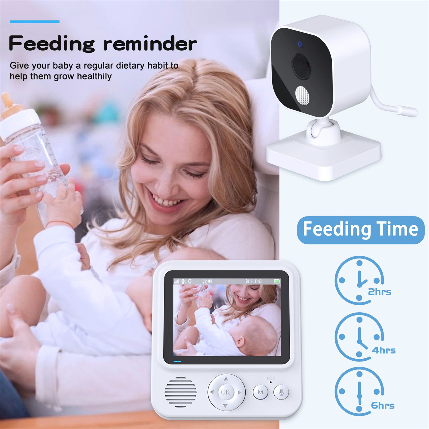 Ein Babyphone mit Bildschirm, der ein Baby beim Füttern zeigt. Text: „Fütterungserinnerung“.