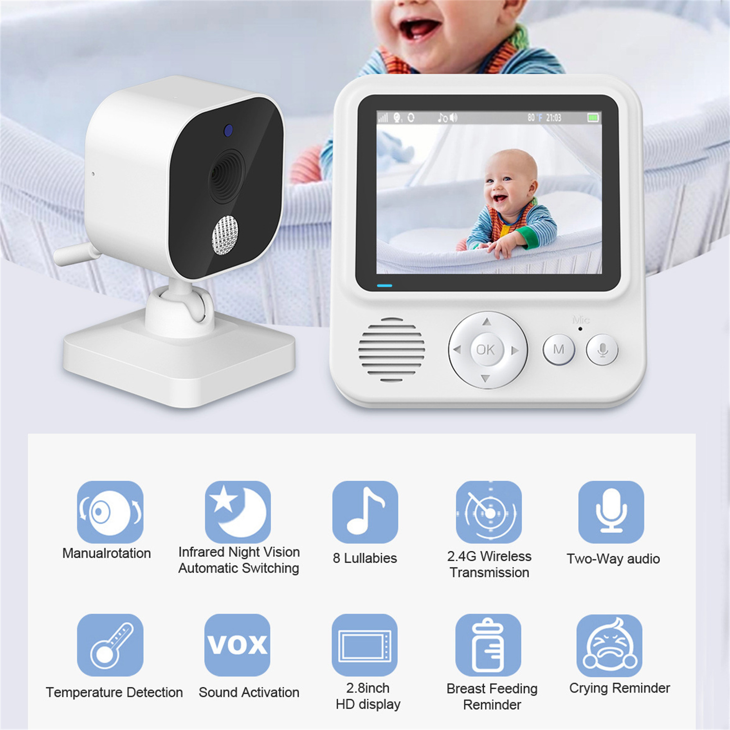 Babyphone mit weißer Kamera und Bildschirm. Zeigt Baby im Kinderbett, mit Symbolen darunter.