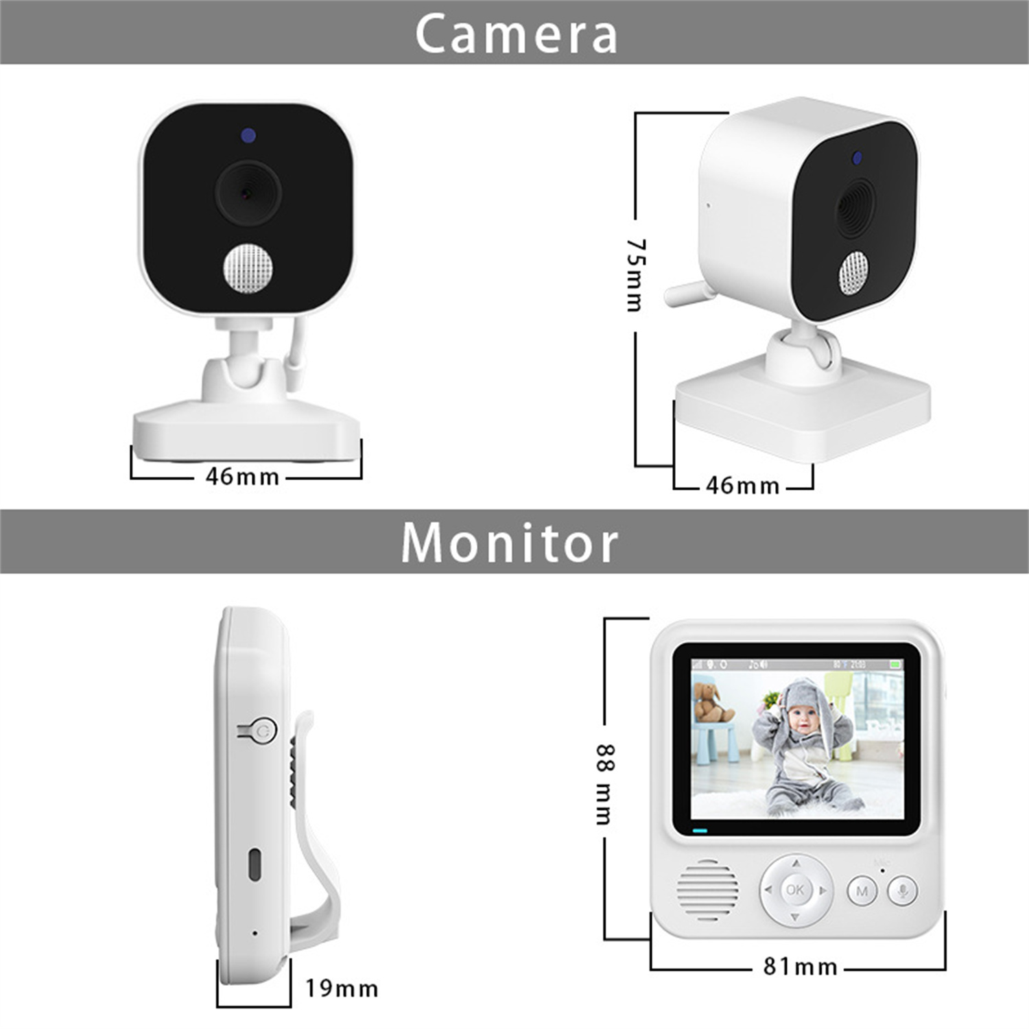 Eine weiße Babyphone-Kamera und ein Monitor, die Abmessungen und ein Babybild zeigen.