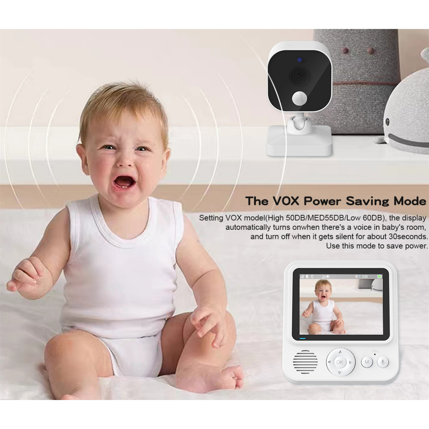 Ein Baby weint, während es von einem Babyphone mit Kamera und Bildschirm überwacht wird.