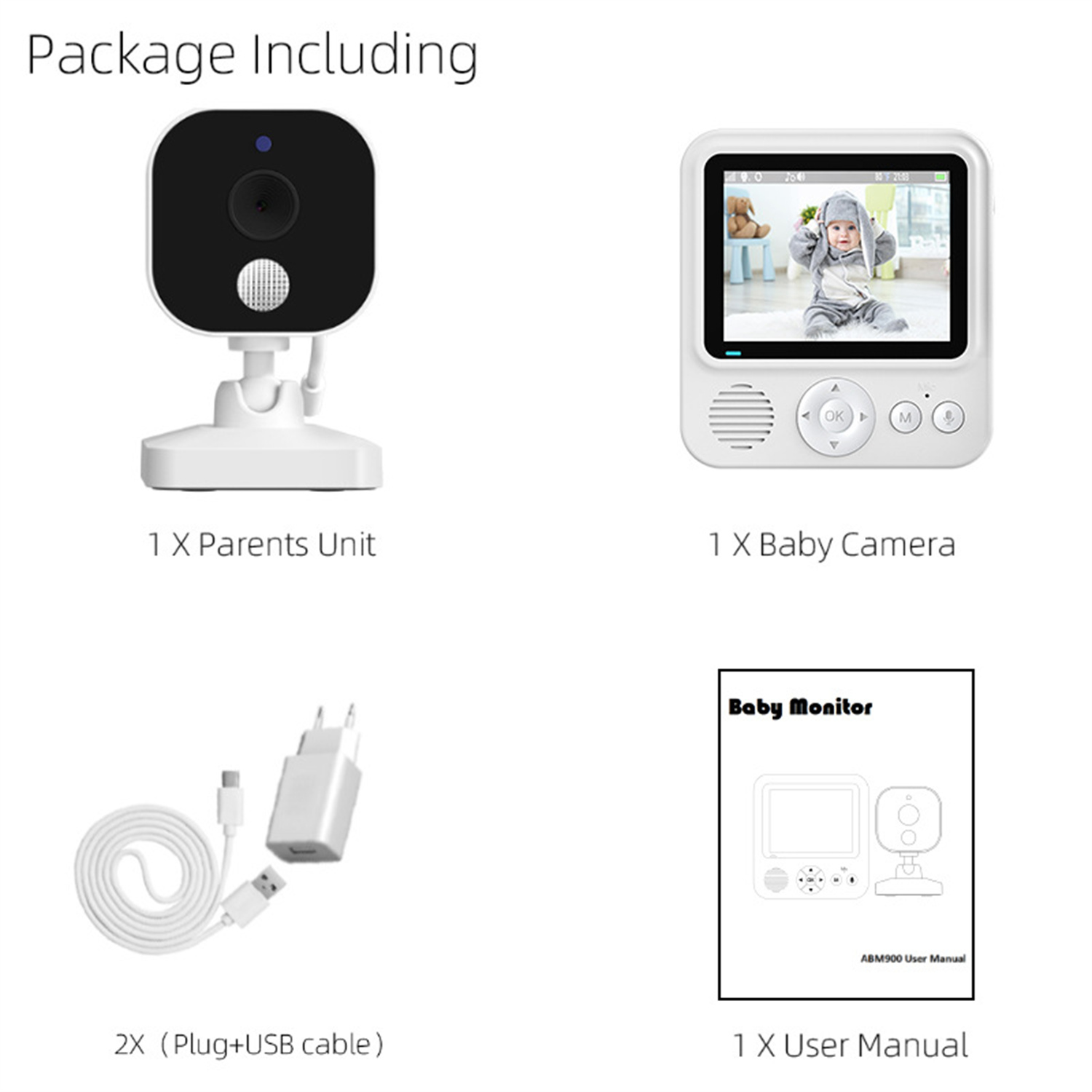 Babyphone-Set mit Kamera, Elterneinheit und Benutzerhandbuch. Weißer Hintergrund.