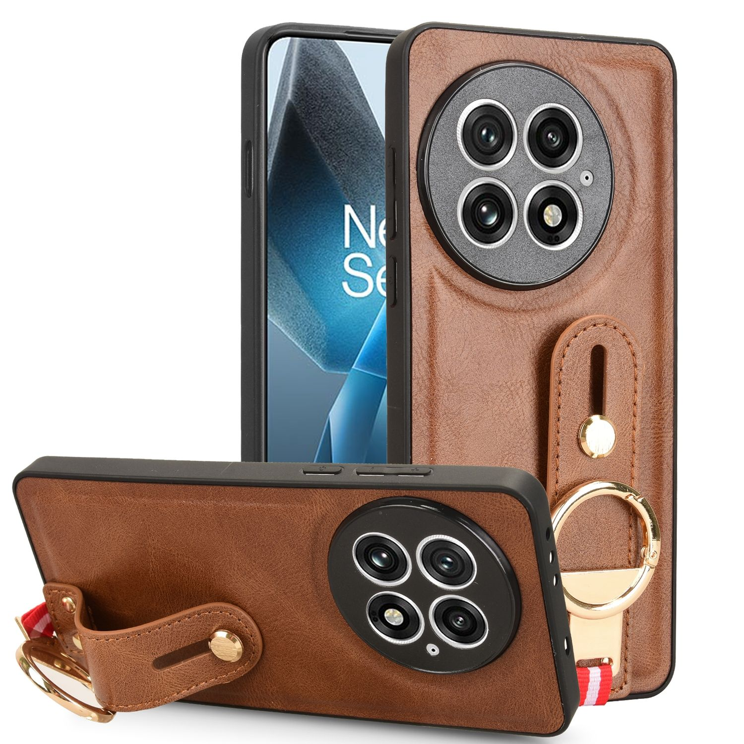 Fundas de teléfono de cuero marrón, con recortes de cámara, soporte de anillo y tarjetero.
