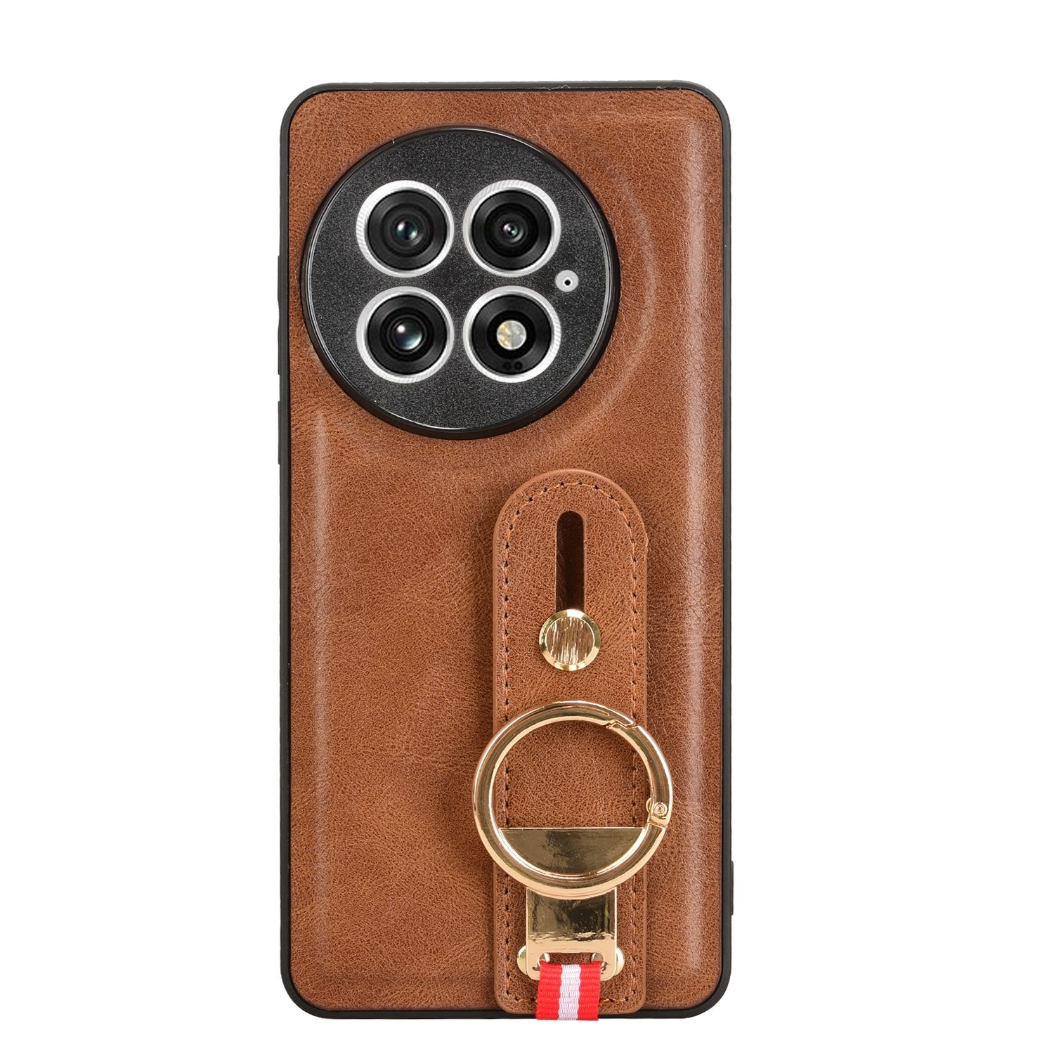 Una funda de teléfono de cuero marrón con un anillo para agarre y triple cámara.