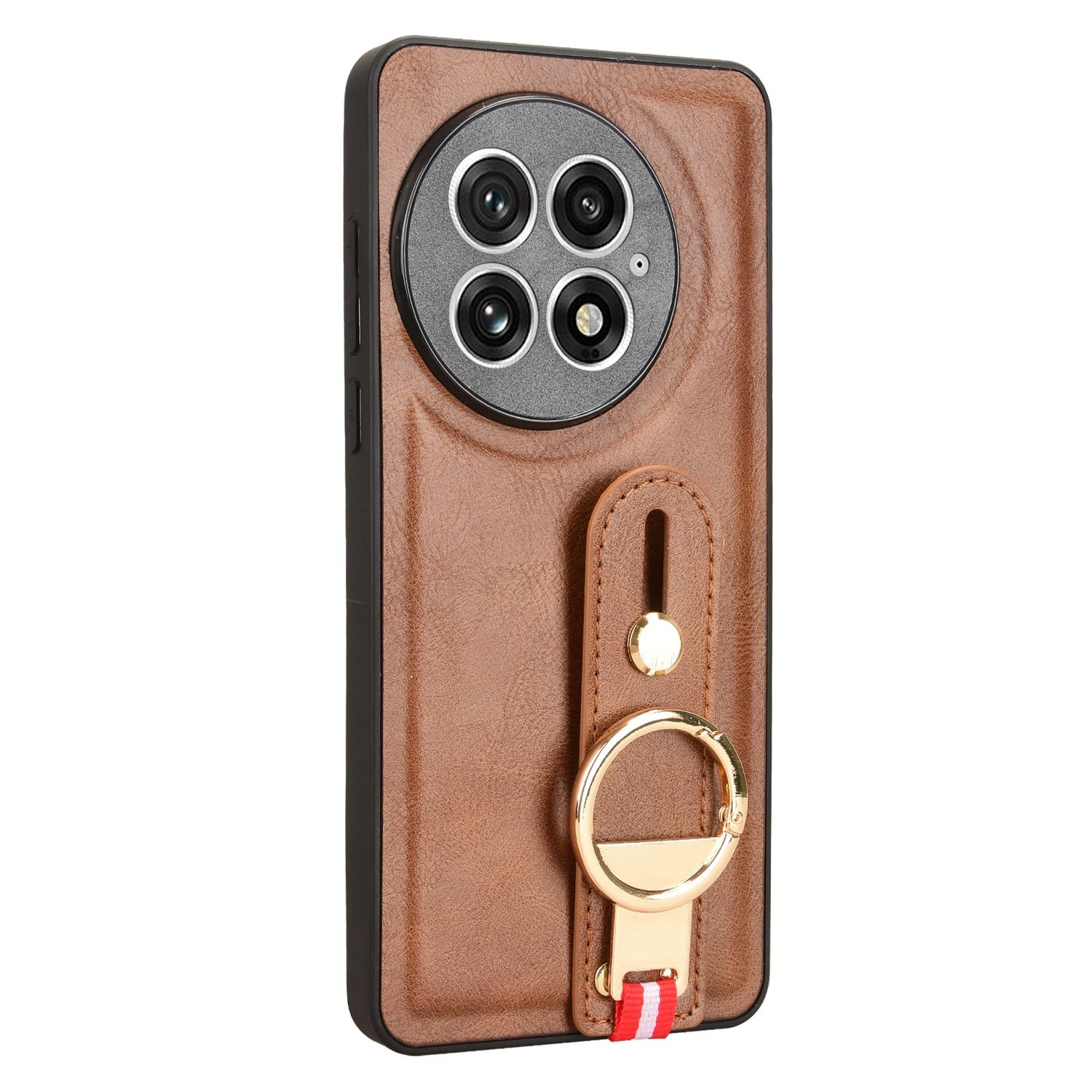 Funda de teléfono marrón con un soporte de anillo, sosteniendo un teléfono con múltiples lentes.