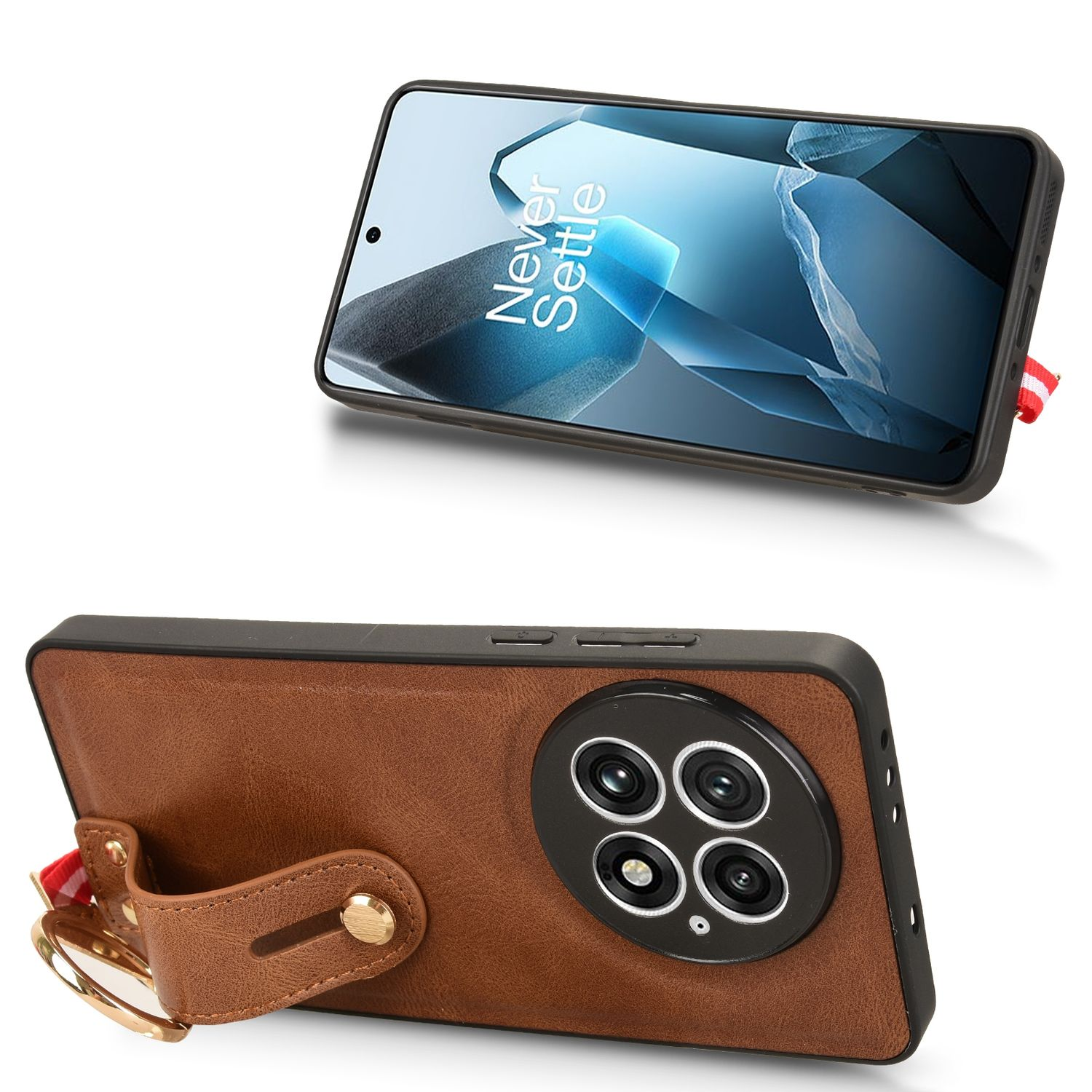 Funda de cuero marrón para teléfono con soporte de anillo, teléfono dentro.