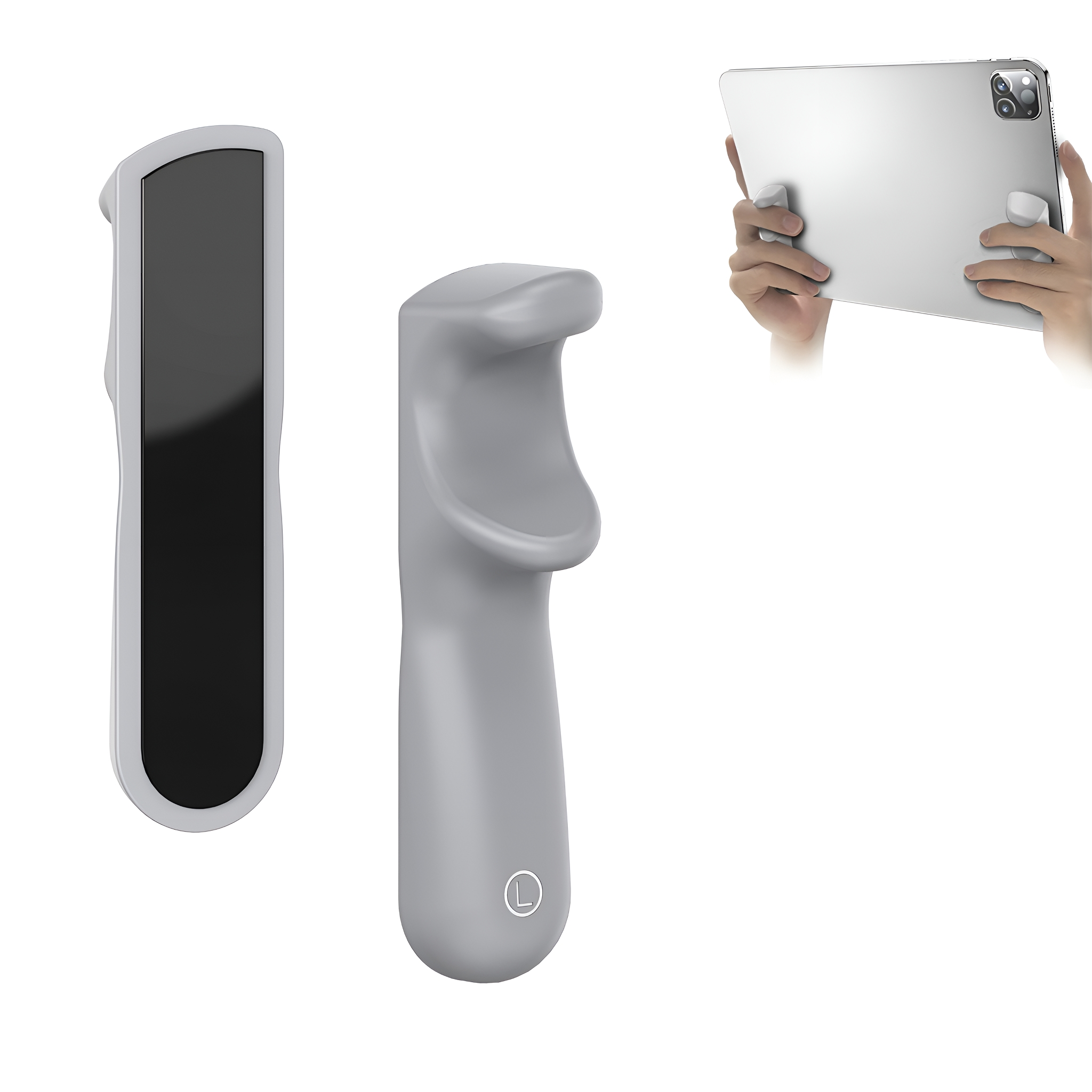 Graue Tablet-Griffe. Einer ist an einem Tablet befestigt. Die anderen beiden sind getrennt.