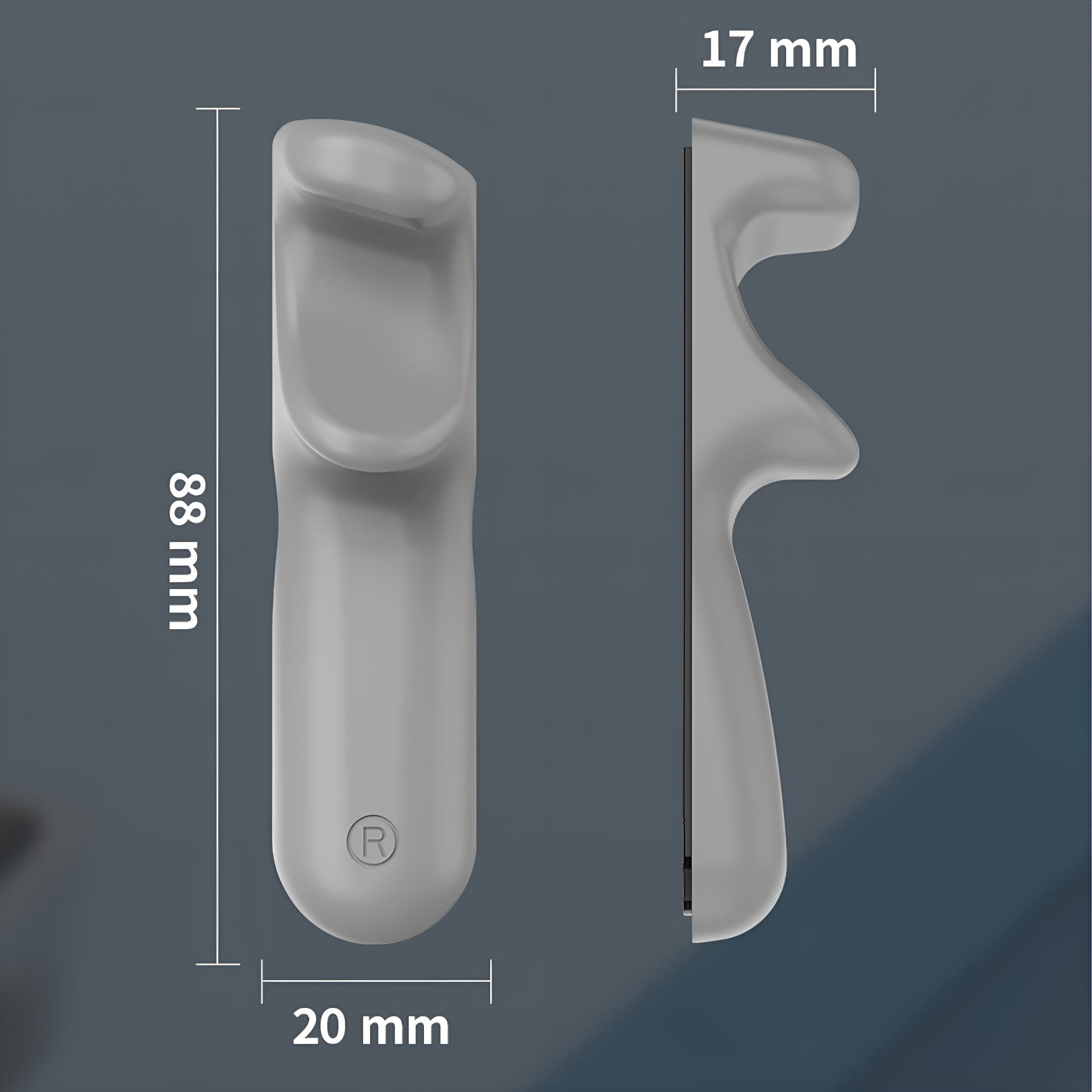 Ein grauer Kunststoffgriff mit Abmessungen: 88 mm Höhe und 20 mm Breite. Eine Profilansicht zeigt 17 mm Breite.