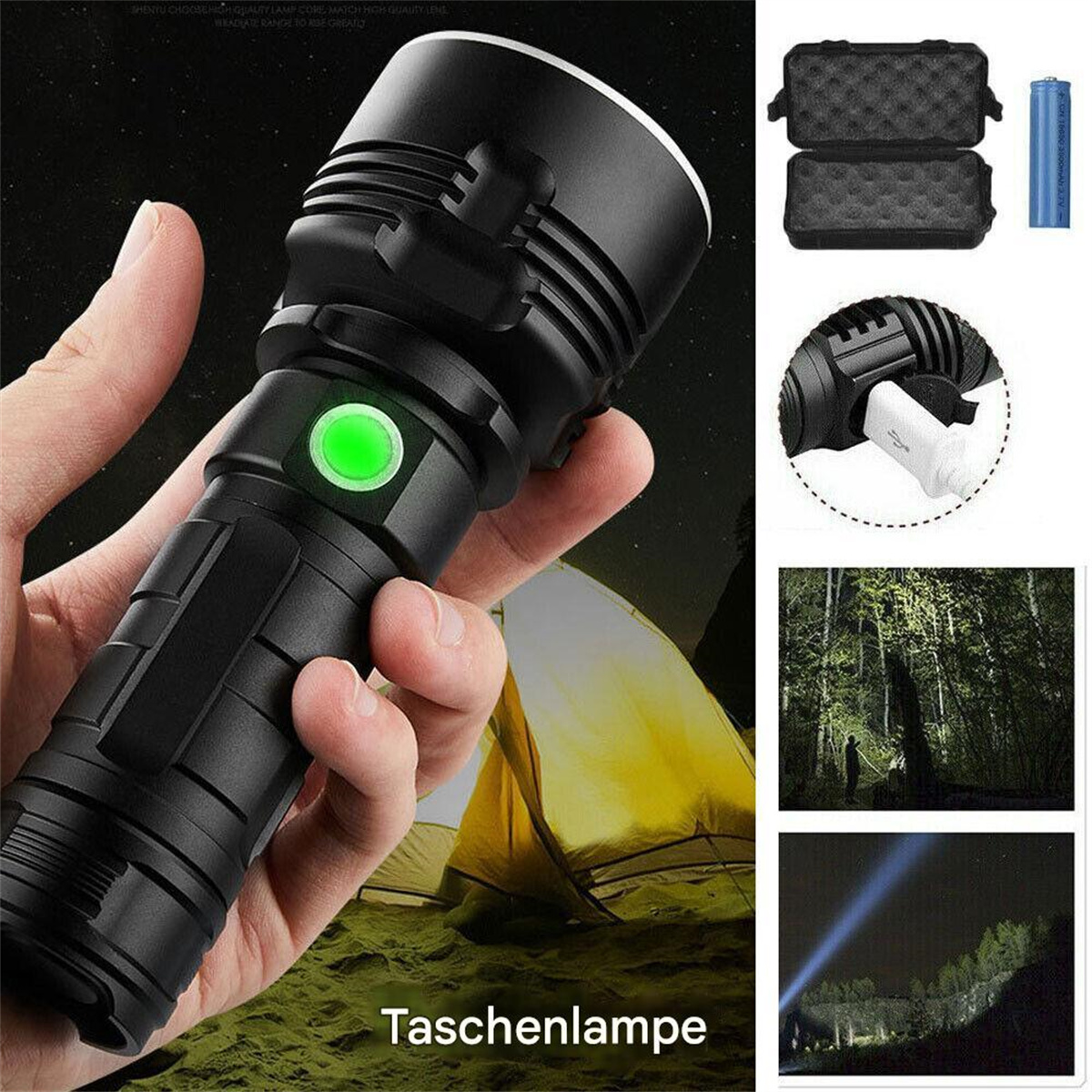 Schwarze Taschenlampe in der Hand gehalten. Zubehör: Batterie, Etui und Lichtstrahlbeispiele.