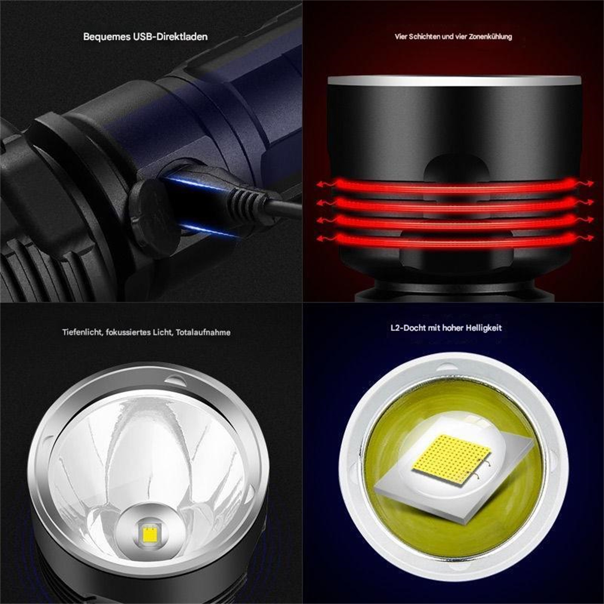 Taschenlampe mit mehreren Detailbildern, die USB-Aufladung, Licht und interne Komponenten zeigen.