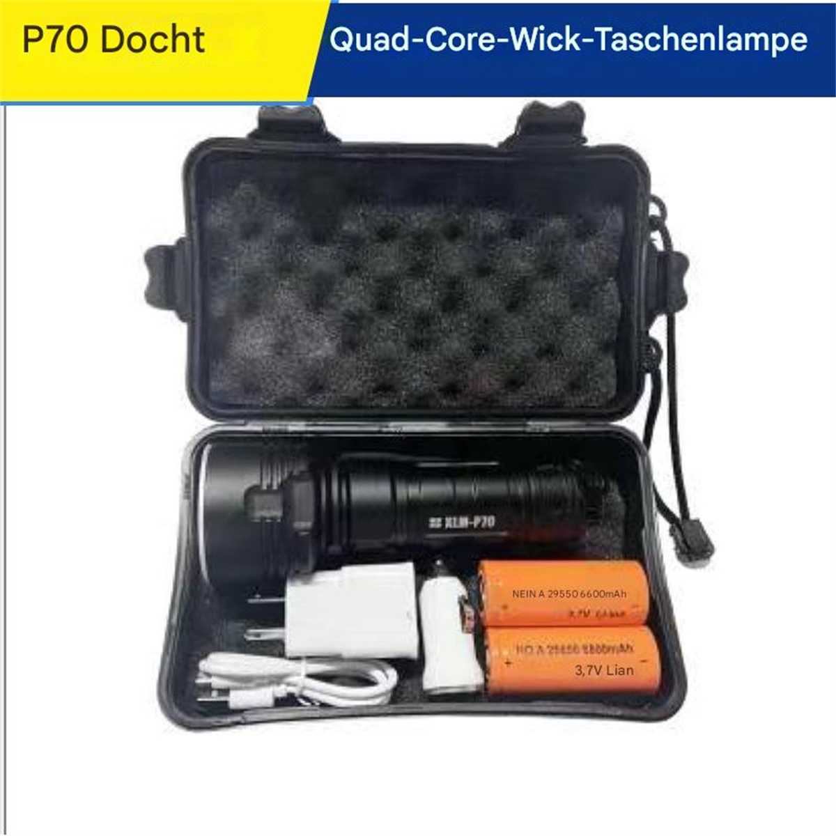 Eine schwarze Taschenlampe und Zubehör in einem Hartschalenkoffer. Enthält Batterien und Ladegerät.