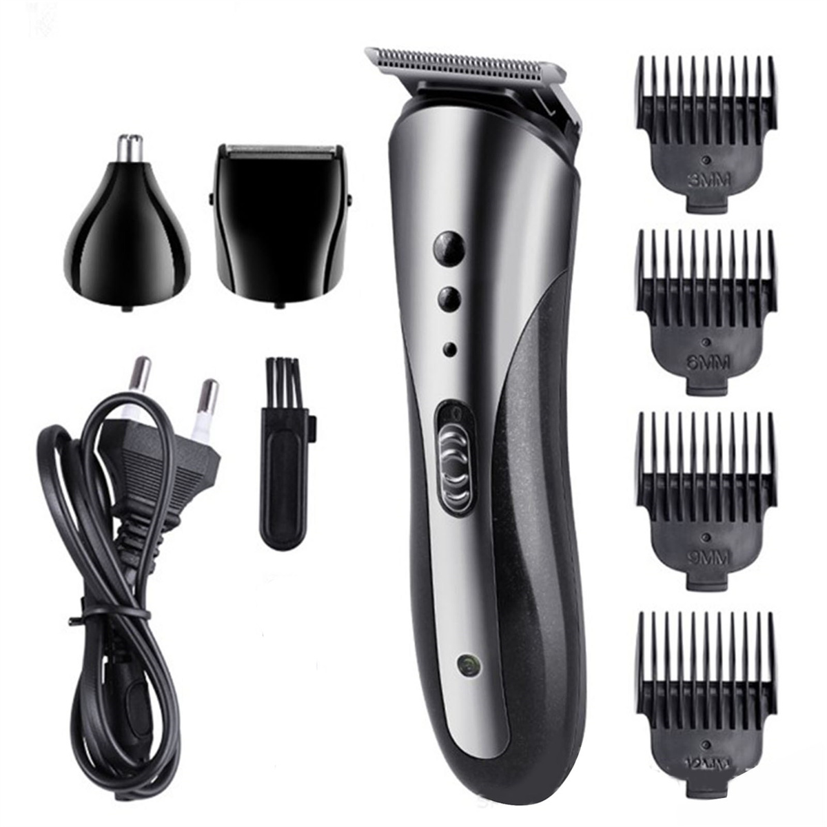 Ein Pflege-Kit mit Trimmer, Aufsätzen und einem Ladegerät. Es ist schwarz und silber.