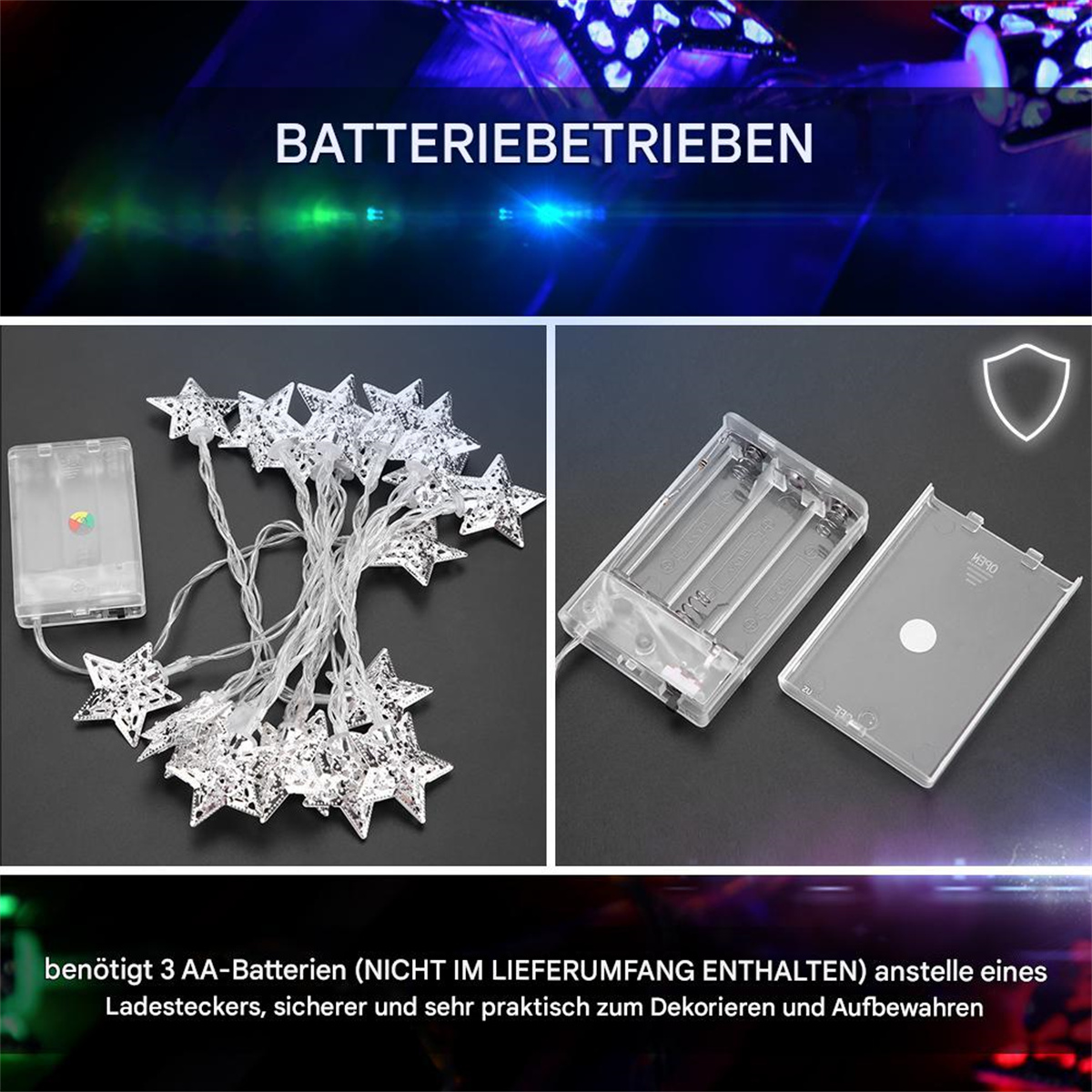 Lichterkette mit sternförmigen Lichtern. Batteriefach und Text 'BATTERIEBETRIEBEN'.