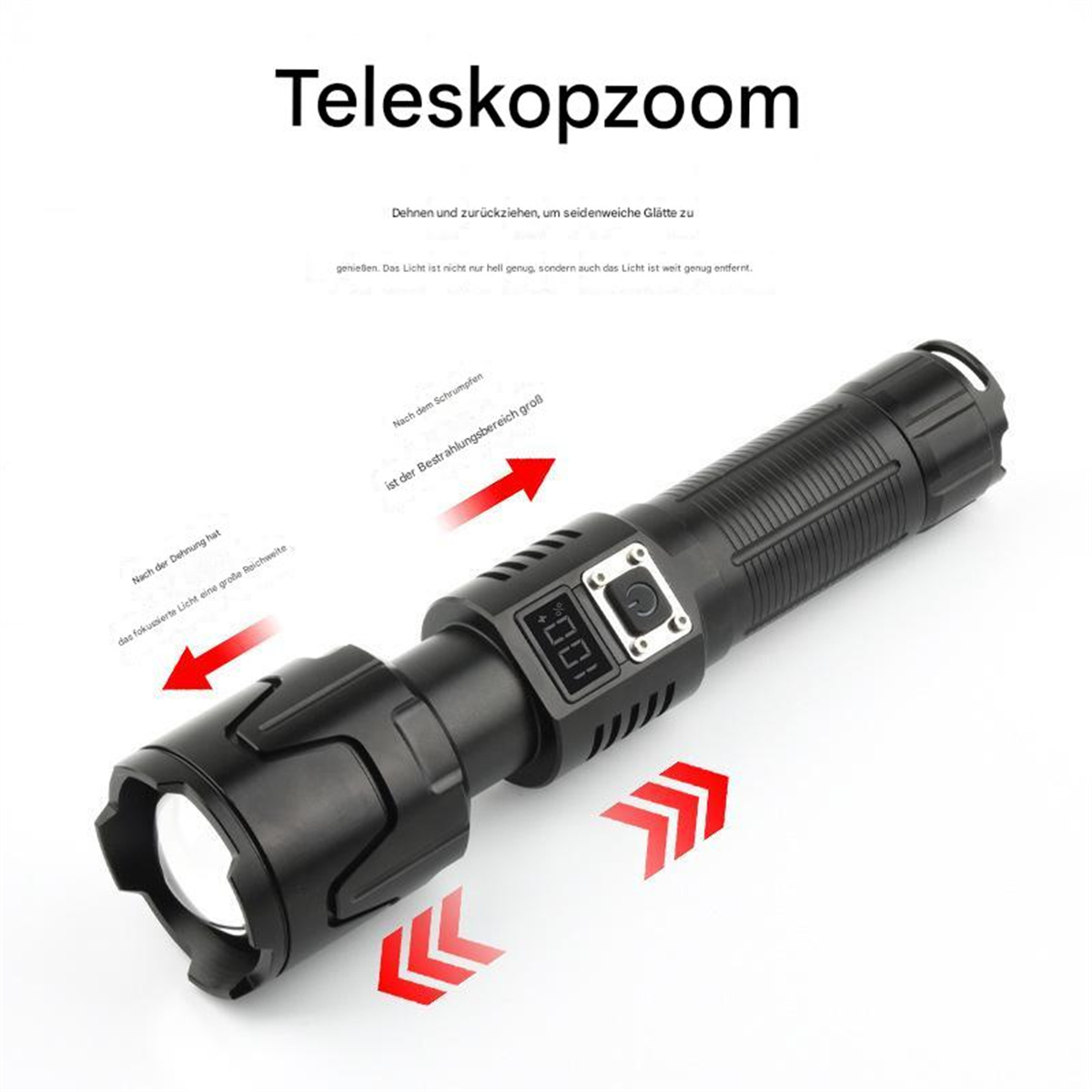 Schwarze Taschenlampe auf weißem Hintergrund. Text auf Deutsch. Pfeile zeigen Merkmale.