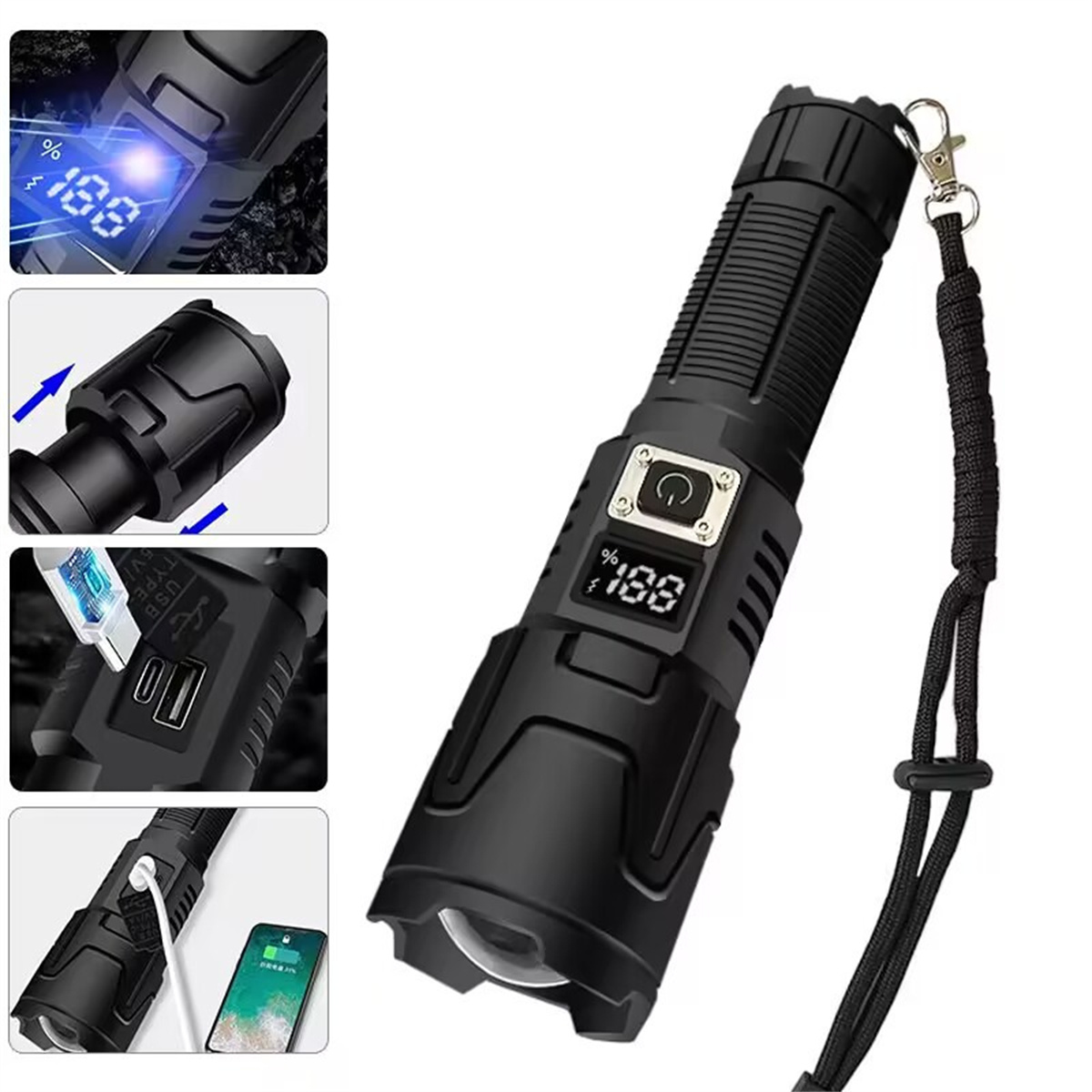 Schwarze Taschenlampe mit Digitalanzeige und Power-Taste, mit Detailansichten.