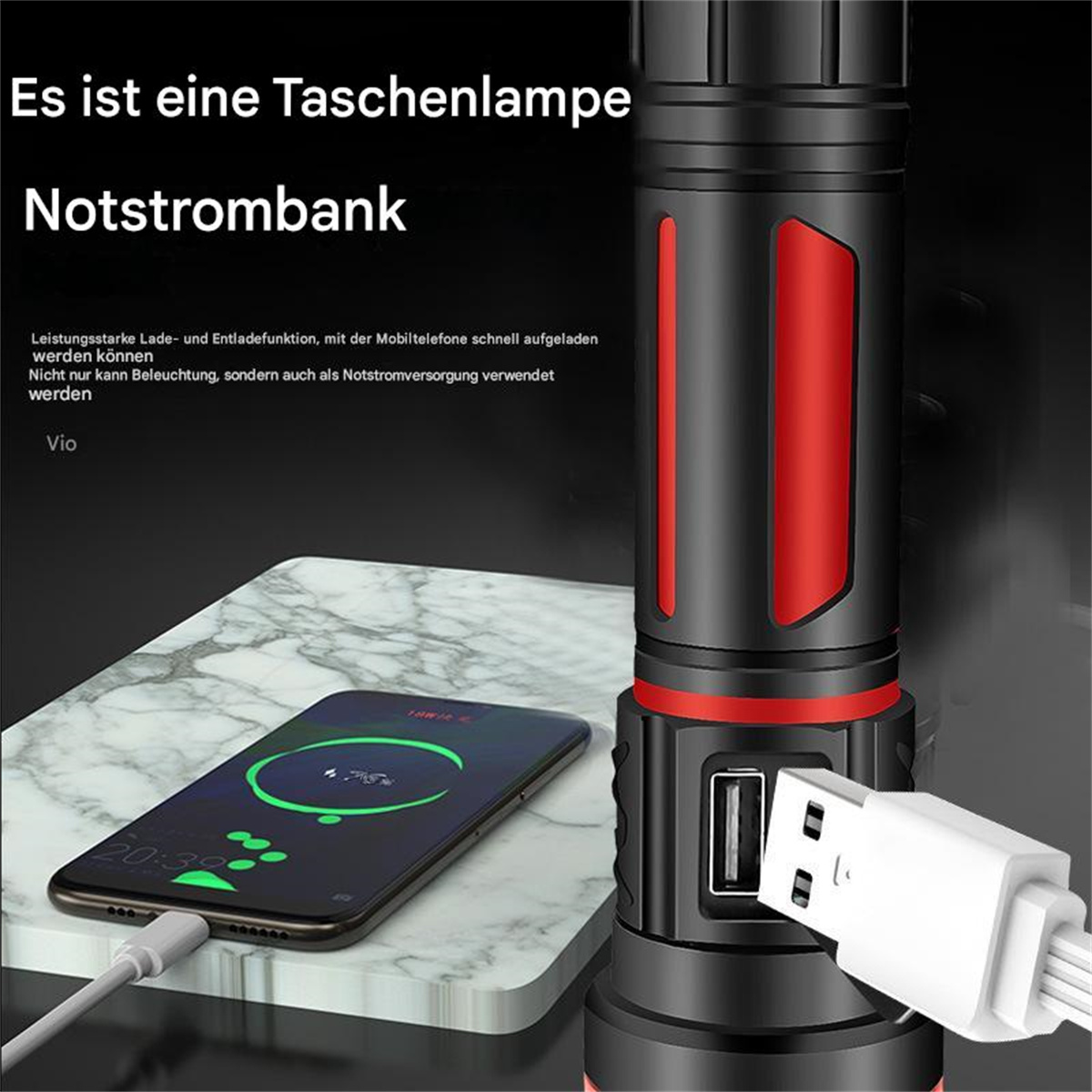 Schwarze und rote Taschenlampe mit ladendem Telefon und USB-Kabel.