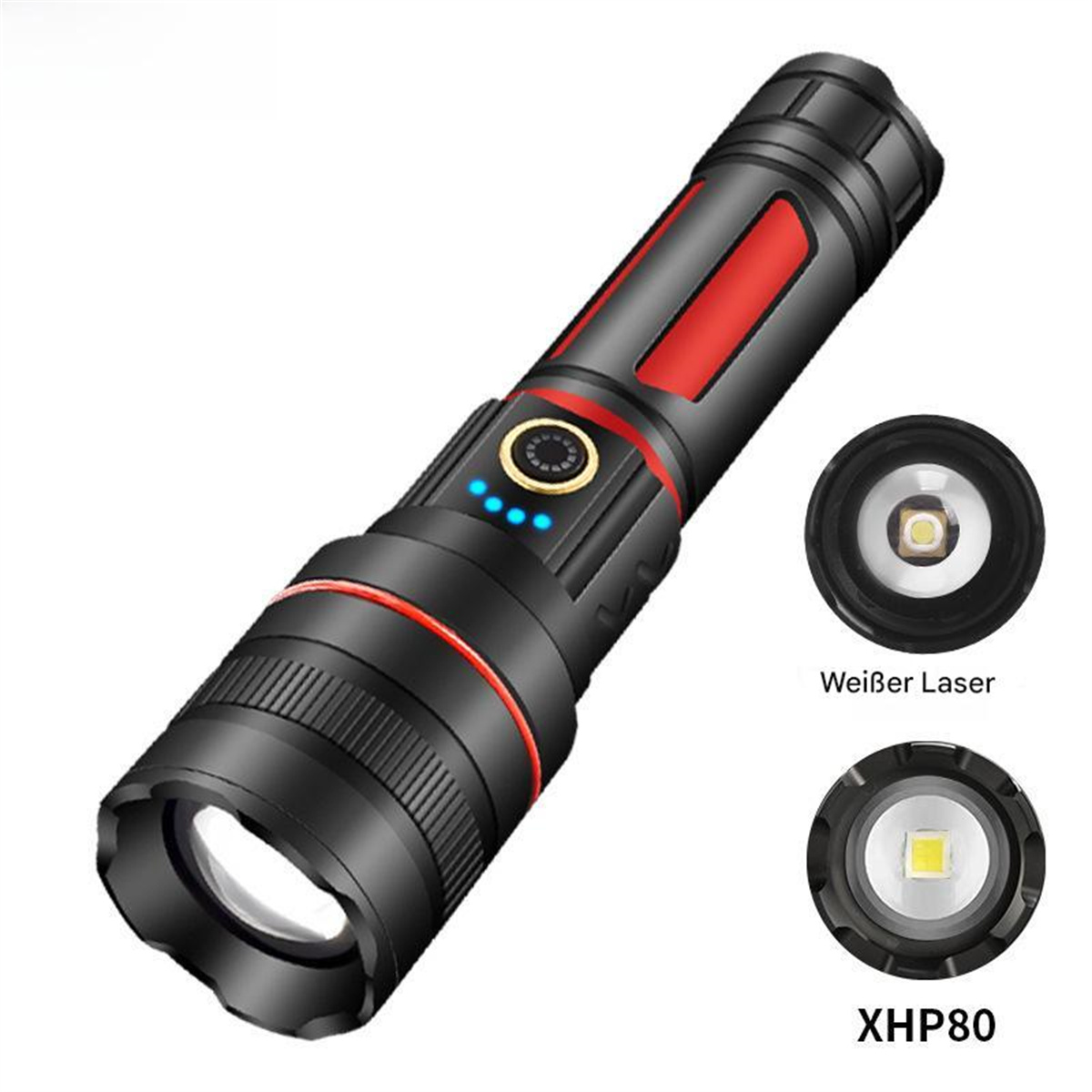 Eine schwarze und rote Taschenlampe. Sie hat einen roten Ring, Knöpfe sowie ein weißes Laserlicht und ein quadratisches LED-Licht.