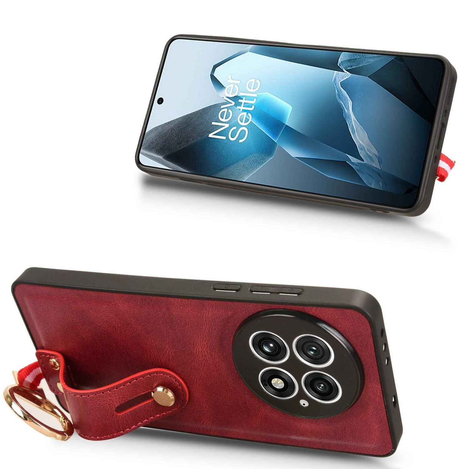 Eine Handyhülle mit Telefon, zeigt einen Bildschirm. Roter Ringhalter befestigt. Ober- und Rückansicht.