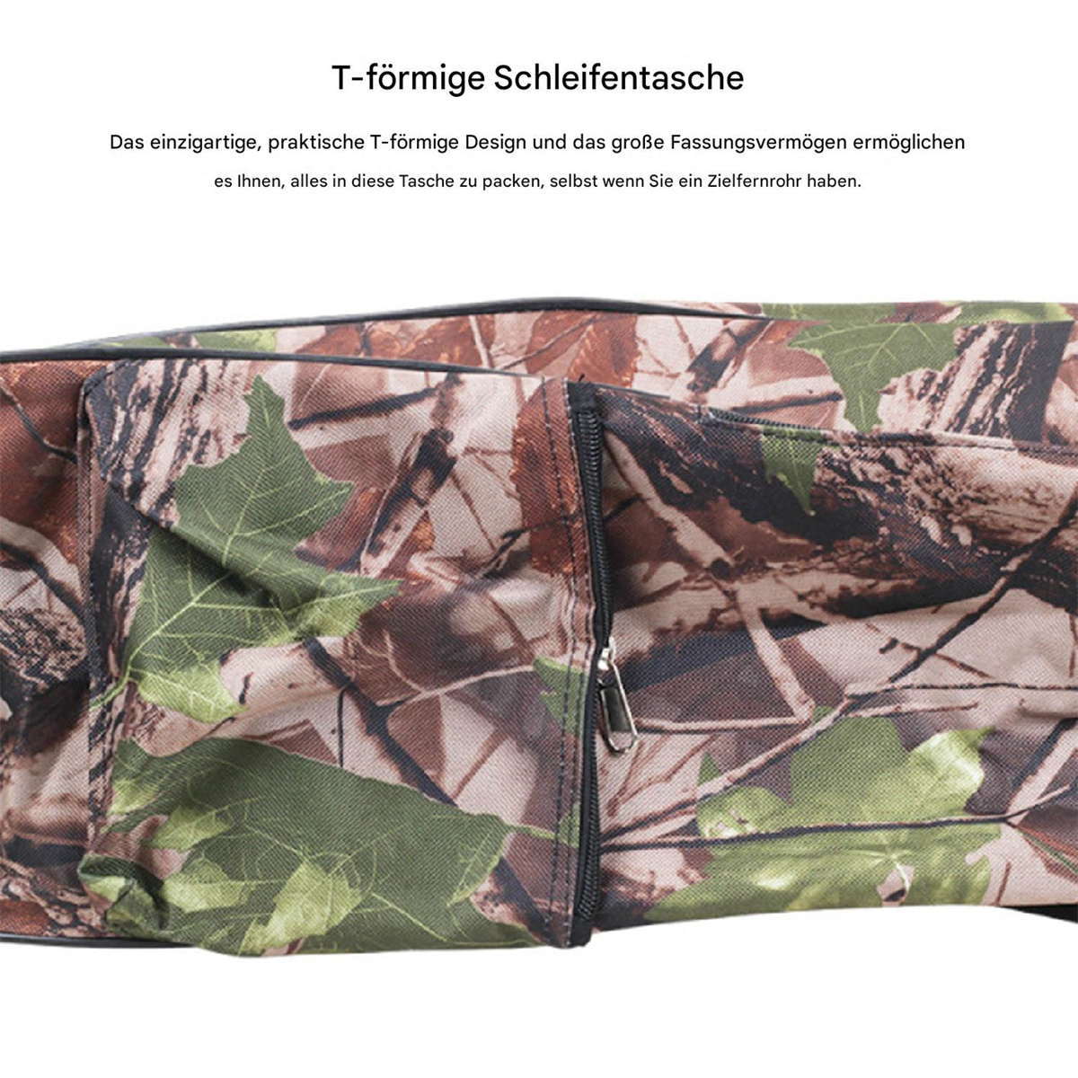 Tarnmuster-Tasche mit Reißverschluss und Tasche. Text über ihr einzigartiges Design.