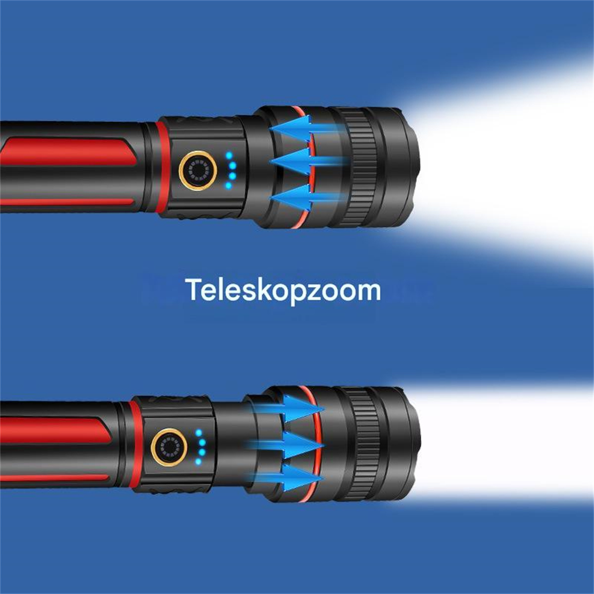 Zwei Taschenlampen mit Zoomfunktion. Eine ist herausgezoomt, die andere ist eingezoomt. Pfeile zeigen den Zoom an.