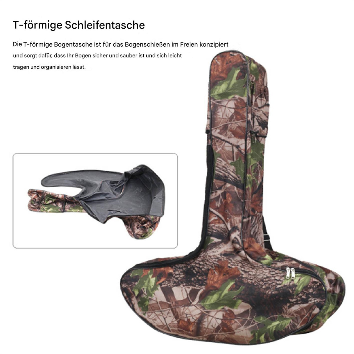 Tarnfarbene Bogentasche. T-förmige Tasche links.