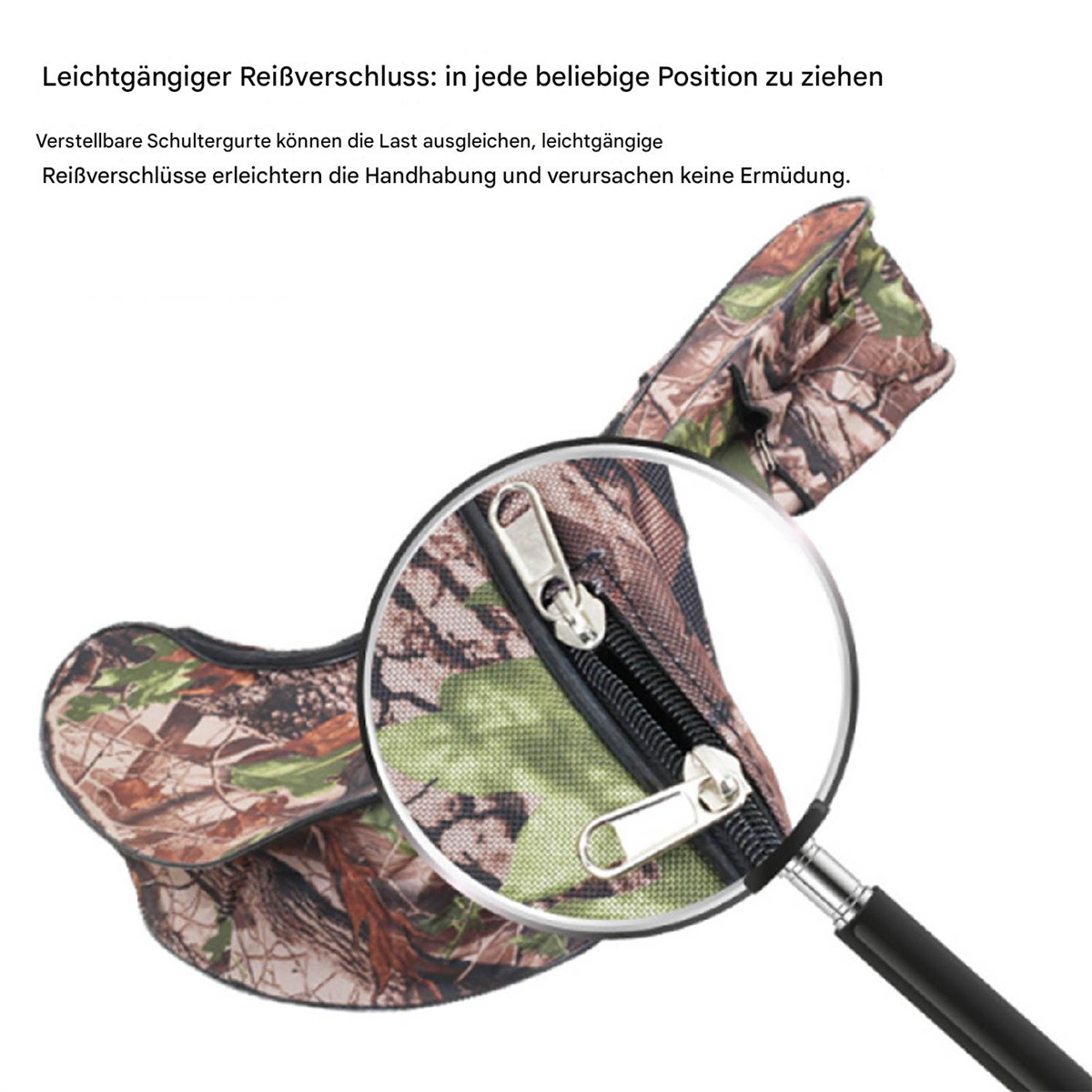 Lupe zeigt Reißverschluss auf einer Tarnungstasche.