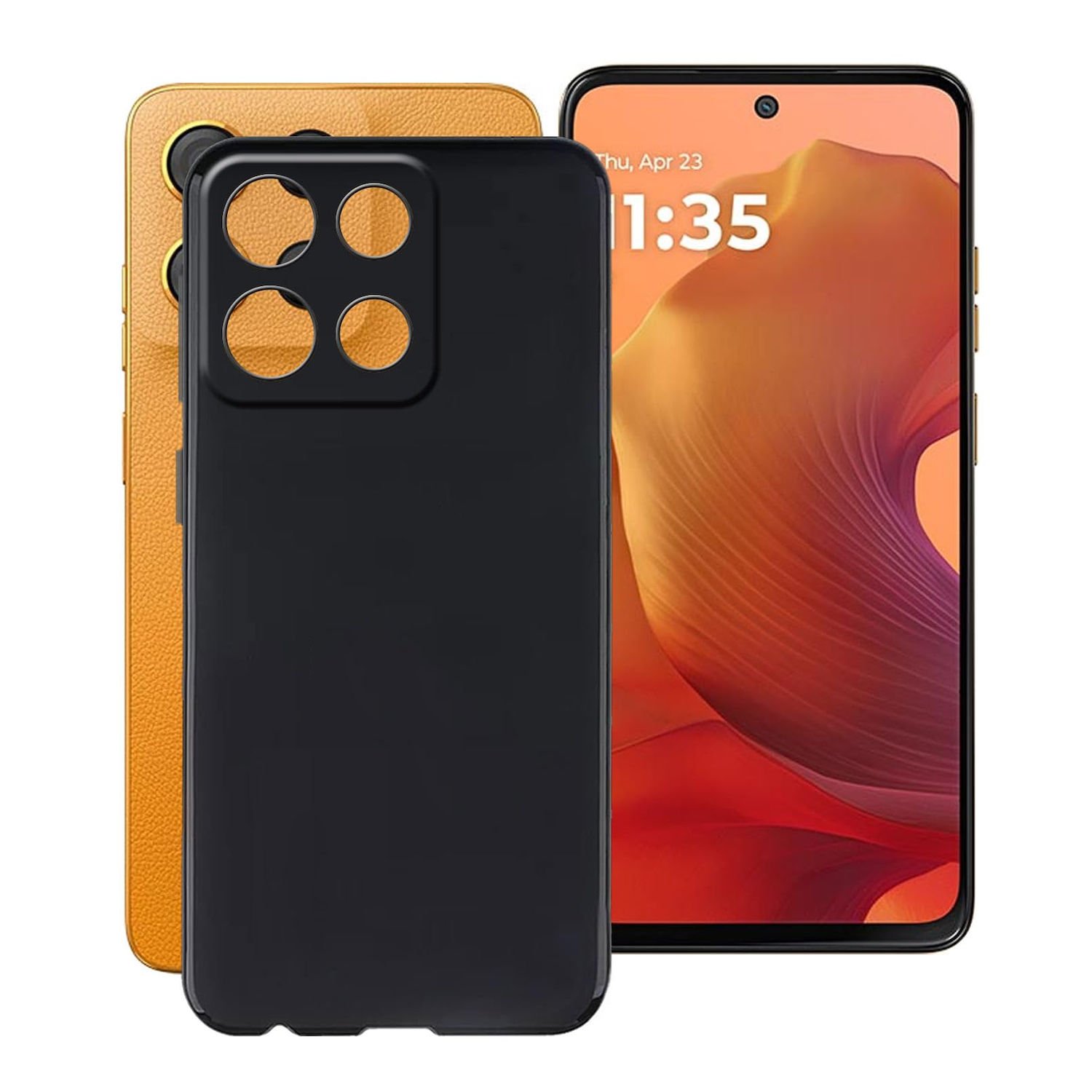 Eine schwarze Handyhülle auf einem Telefon mit Zeitanzeige. Dahinter eine identische gelbe Hülle.