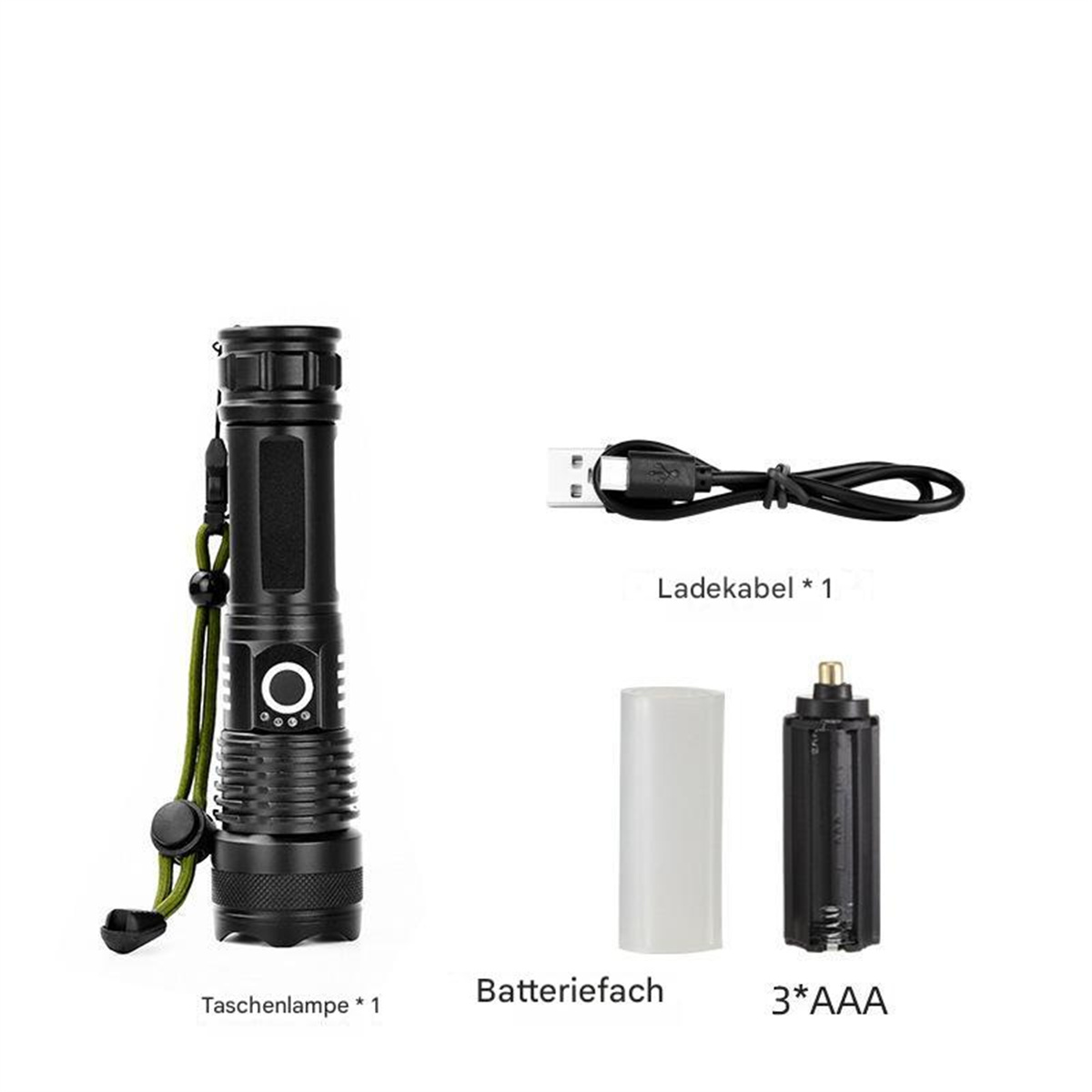 Schwarze Taschenlampe, Ladekabel, Batteriefach und AAA-Batterien. Isoliert auf weißem Hintergrund.